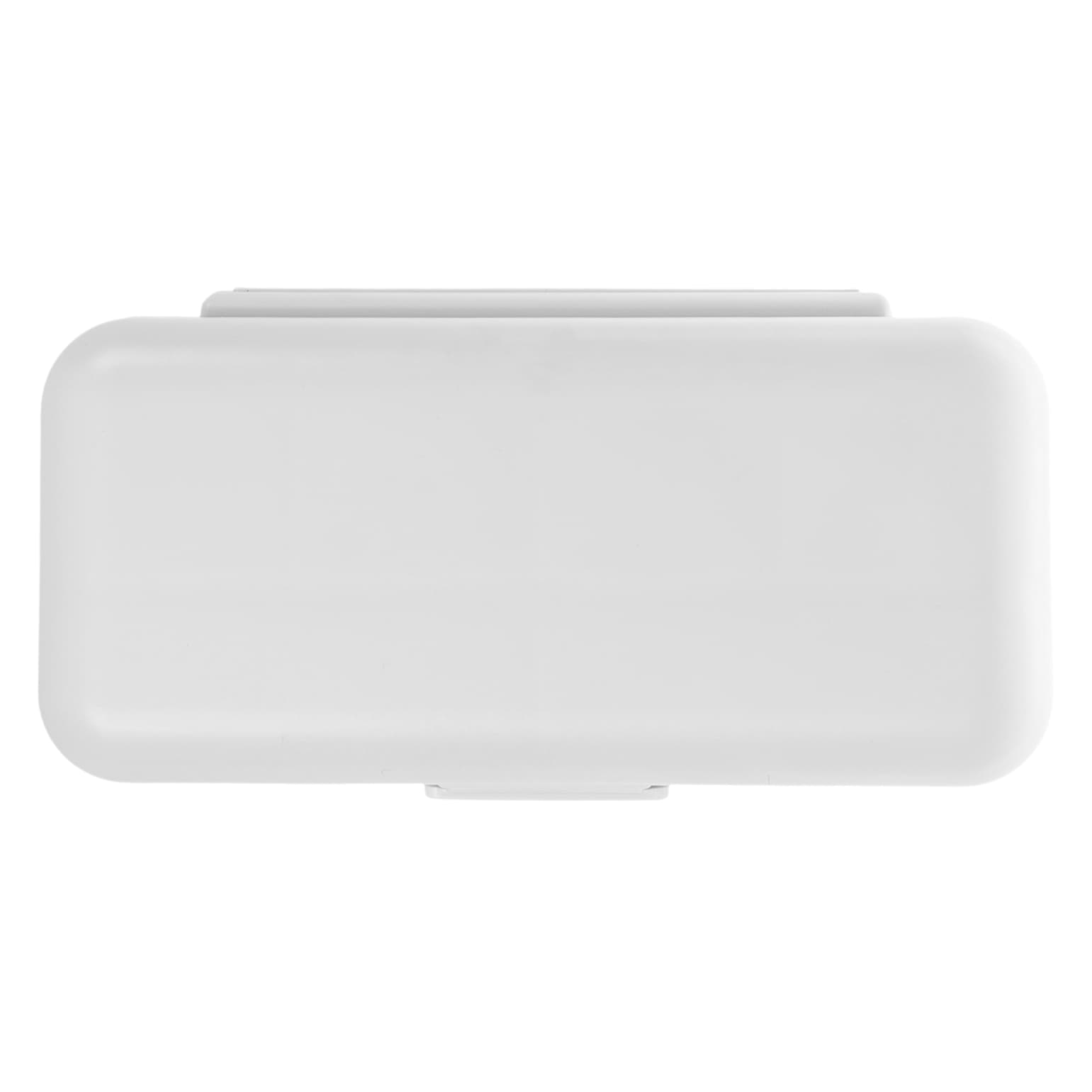 A compact white pill organizer with a secure clasp, designed for easy storage of medication.