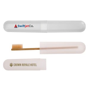 A clear toothbrush case with a wooden toothbrush inside. It features logos on the exterior.