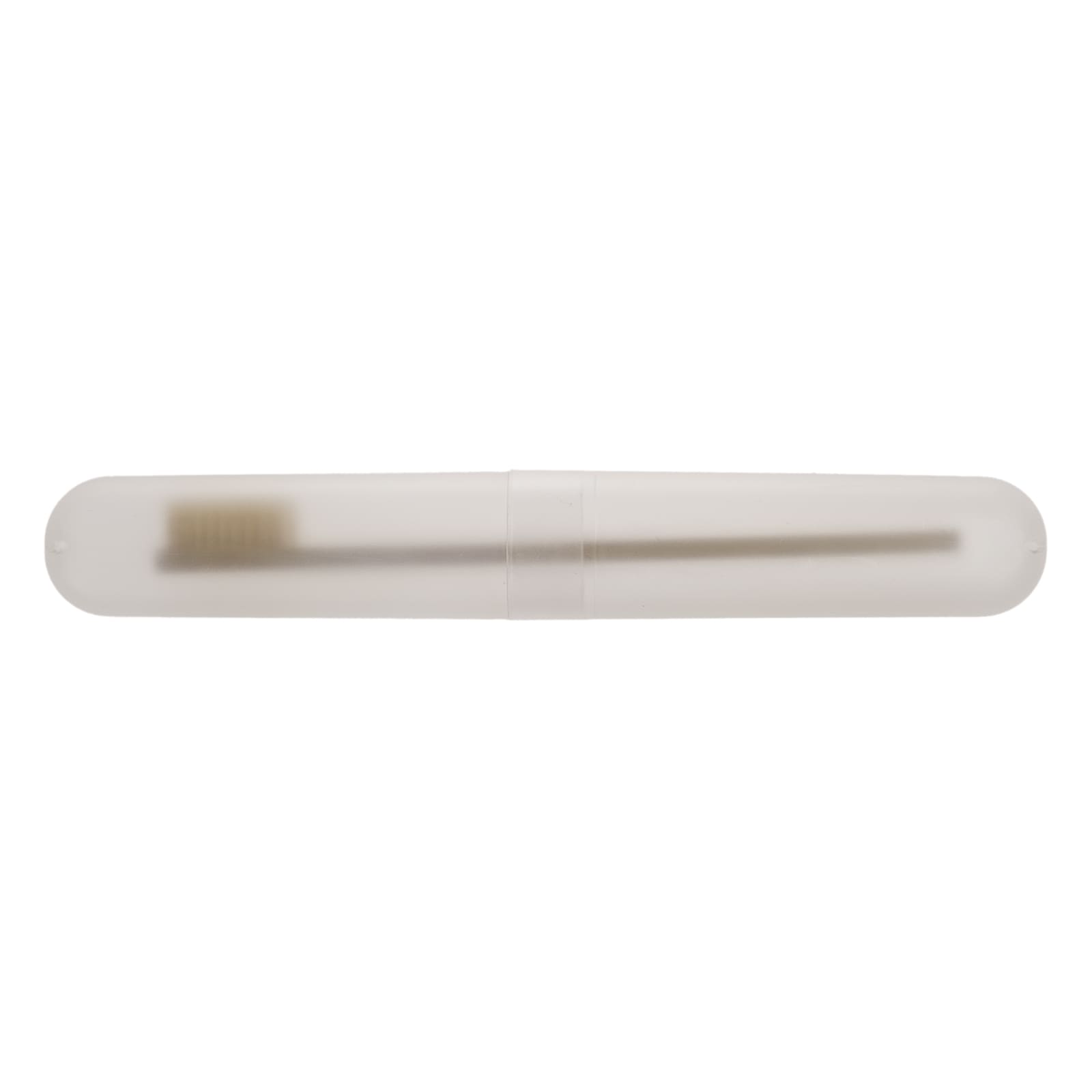 A clear plastic toothbrush case containing a toothbrush. The case is elongated and smooth in design.