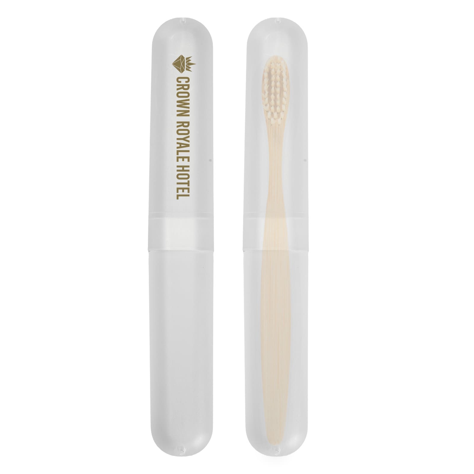A toothbrush case featuring a transparent exterior and a bamboo toothbrush inside, labeled with 