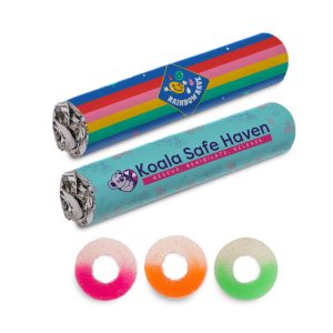 Assorted flavour fruit rings in various colours, including pink, orange, and green, with packaging featuring logos.
