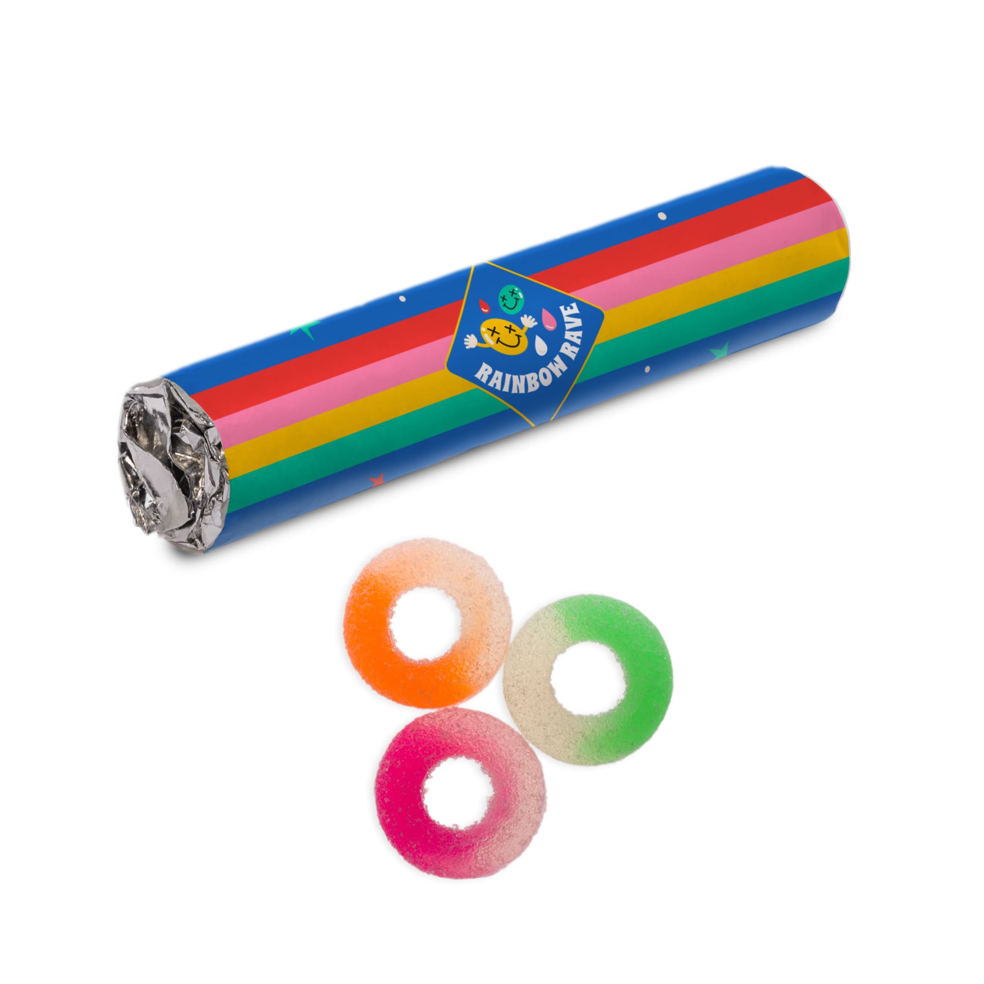 Assorted fruit-flavoured gummy rings in pink, orange, and green, packaged in a cylindrical wrapper with a logo.