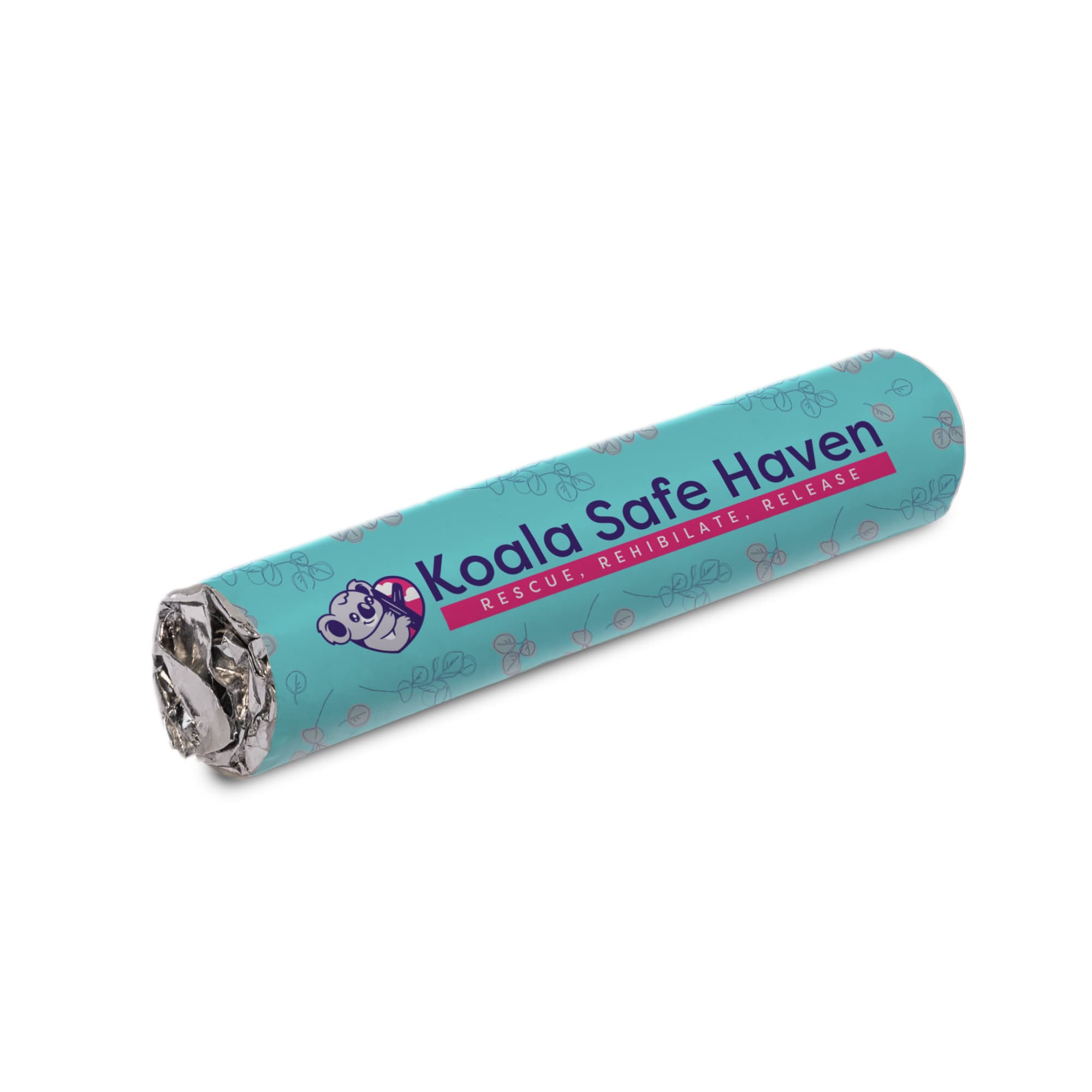 A white cylindrical confectionery item with a shiny foil end, resembling a candy roll.