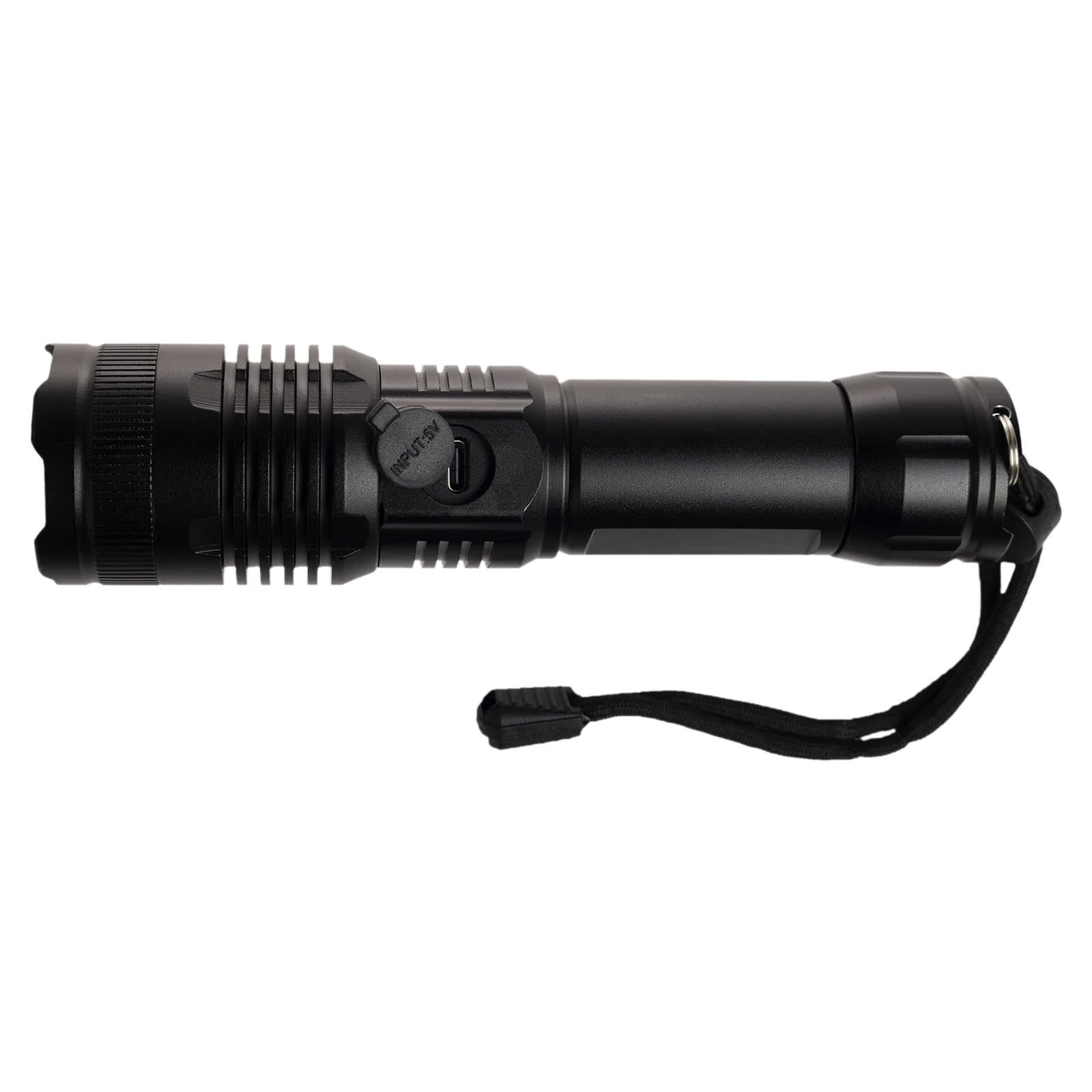 A rechargeable torch with a sleek black design and a textured grip, featuring a power button and a wrist strap.