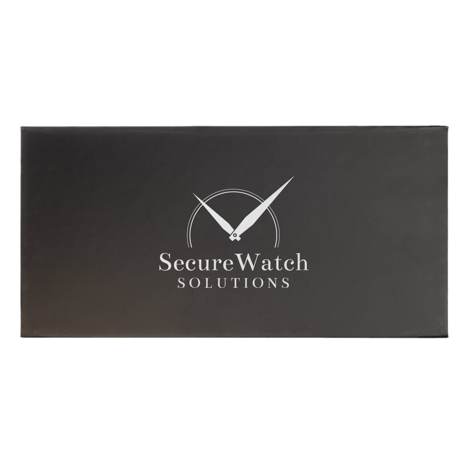A rectangular black box featuring a clock graphic and a logo with the text 