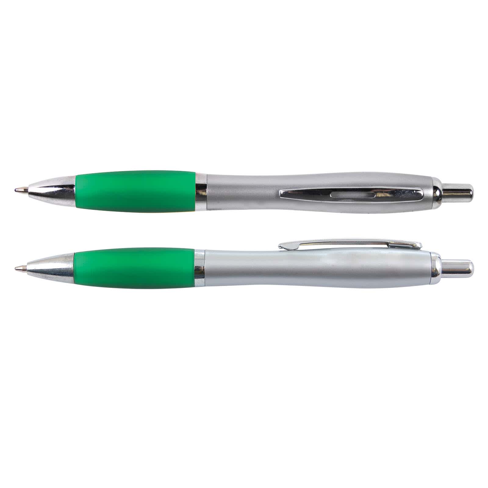 Two metal pens are displayed, featuring green grips and silver bodies. Each pen has a clip for convenience.