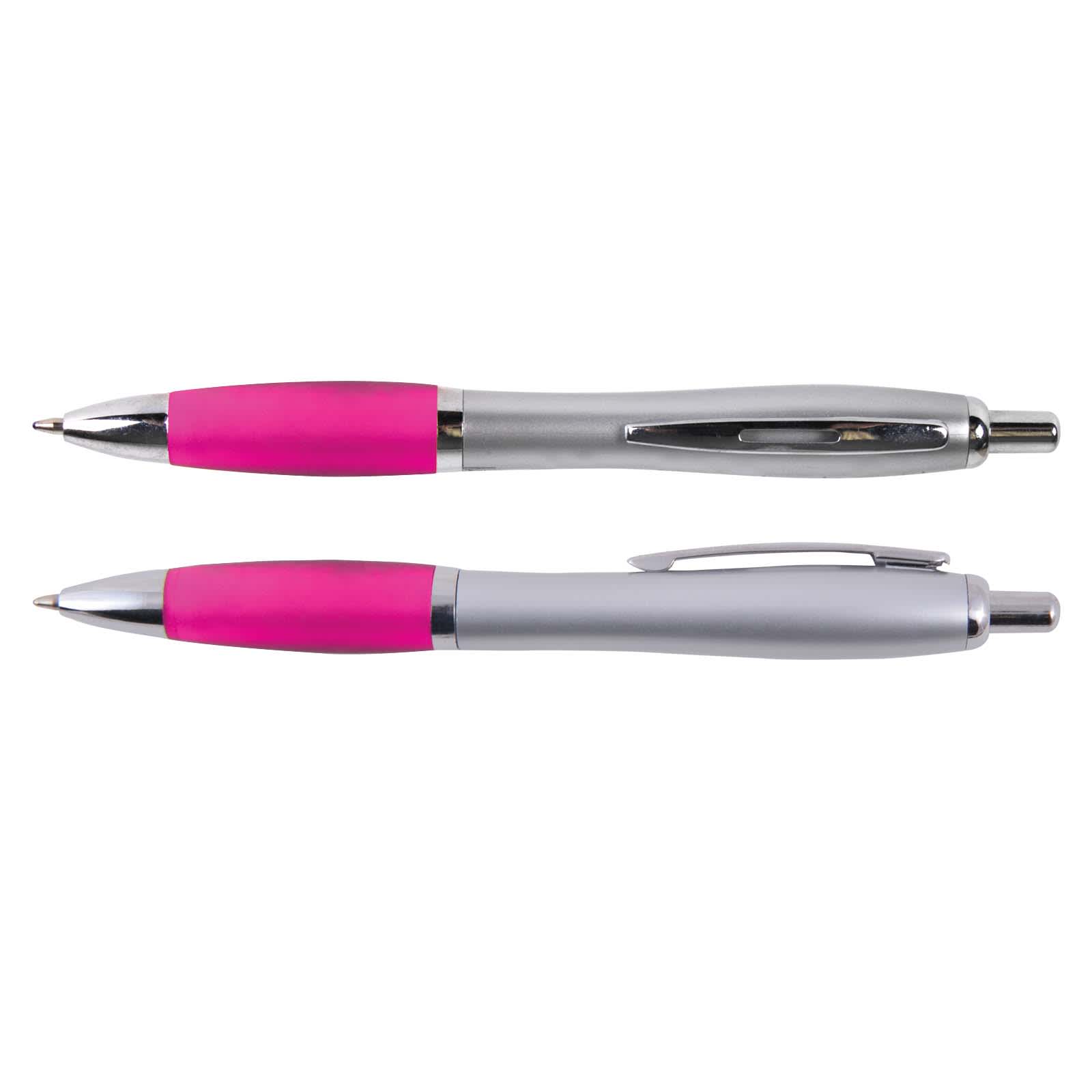Two metal pens with blue accents and silver finishes are displayed, featuring a sleek design and a comfortable grip.