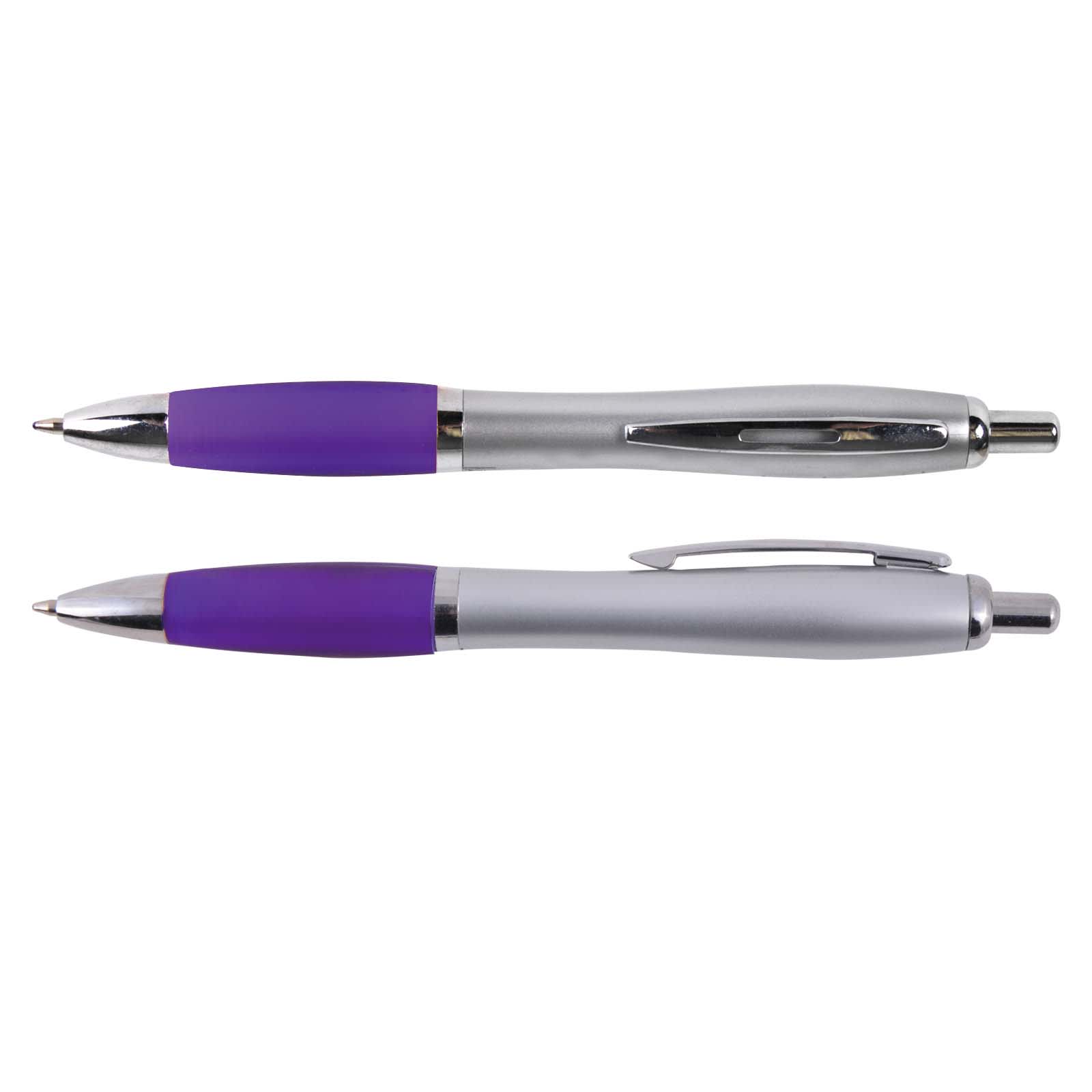 A metal pen set featuring a silver body and red accents, with one pen capped and the other with a clip.