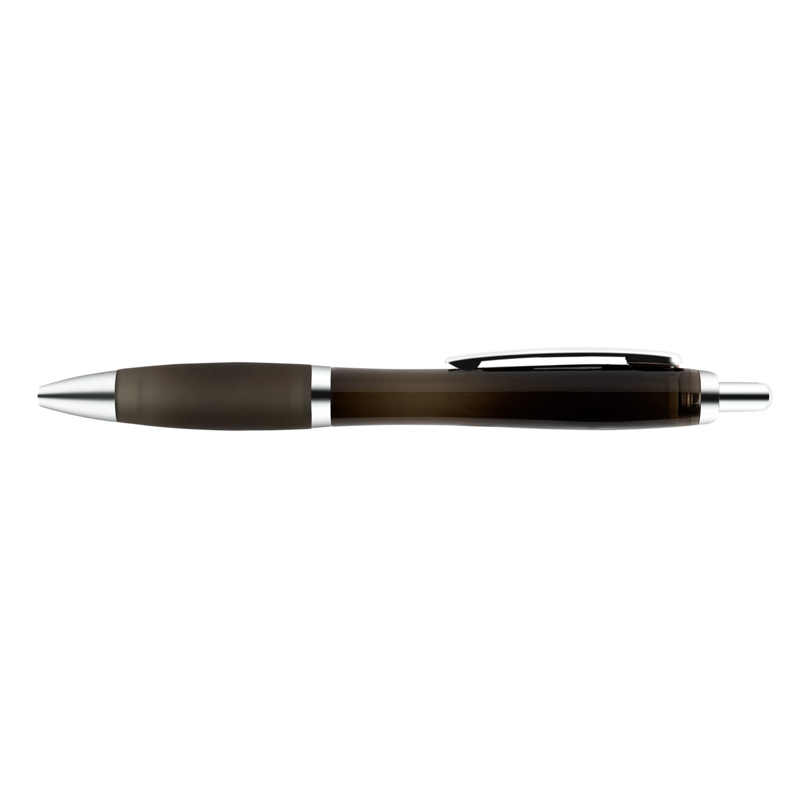 A transparent plastic pen with a sleek design and silver accents.