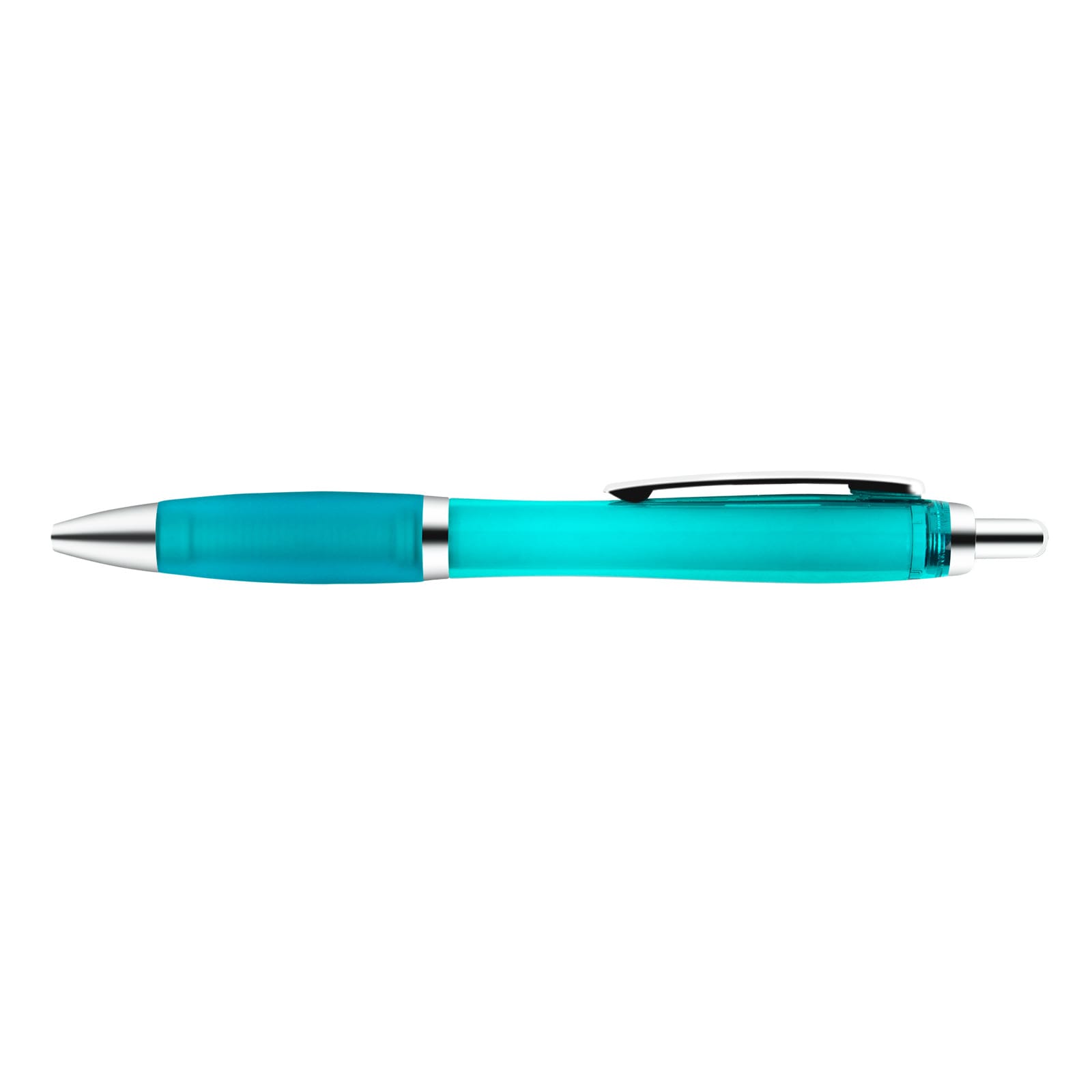 A plastic pen in a vibrant turquoise color with a silver clip and detailing. It features a logo.