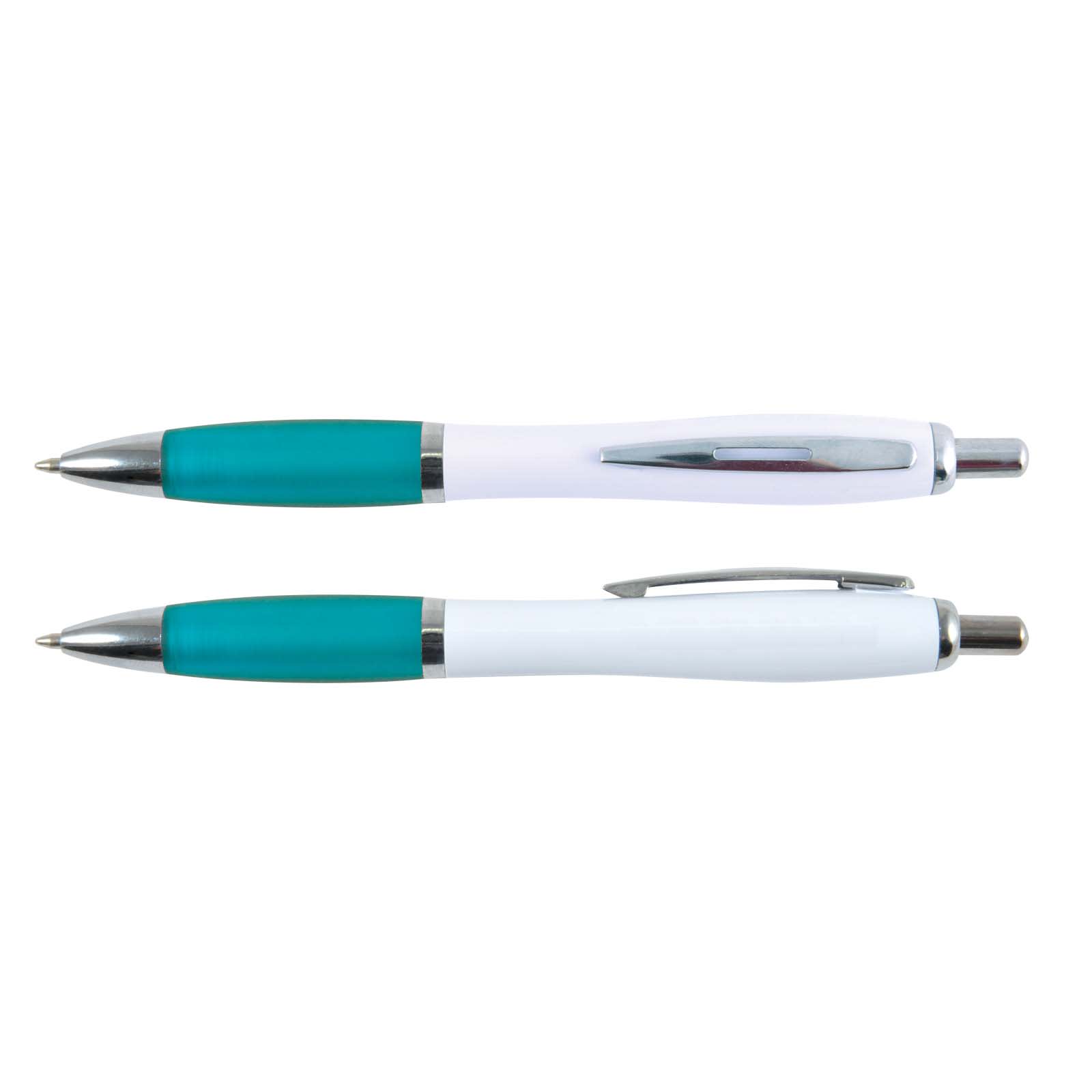 Two Viva Pens with a white barrel and teal accents, featuring a sleek design and chrome detailing.