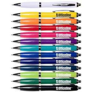 A collection of metal pens in various colors, featuring a branding logo on each pen.