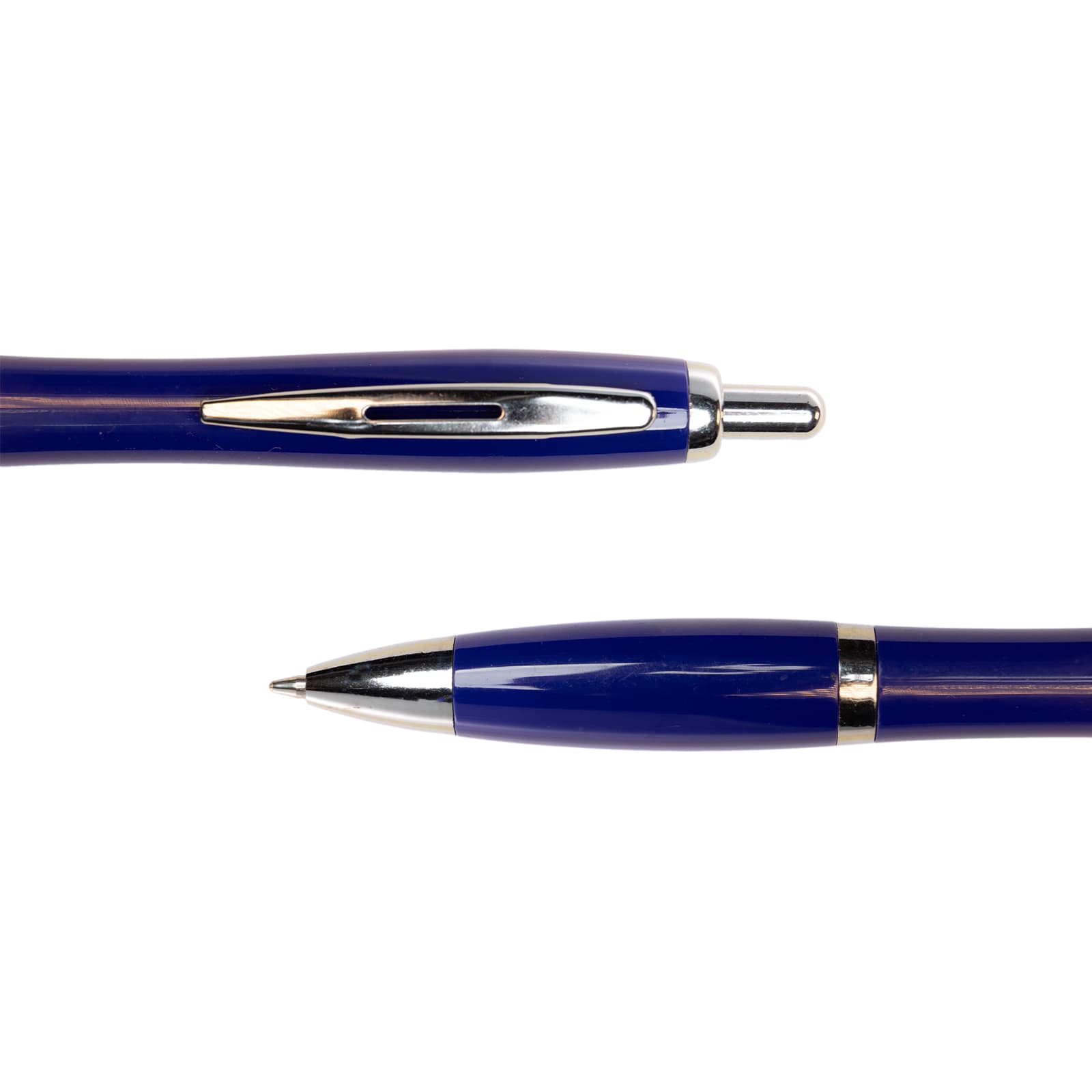 A blue metal pen with a shiny silver clip and accents, featuring a sleek design.