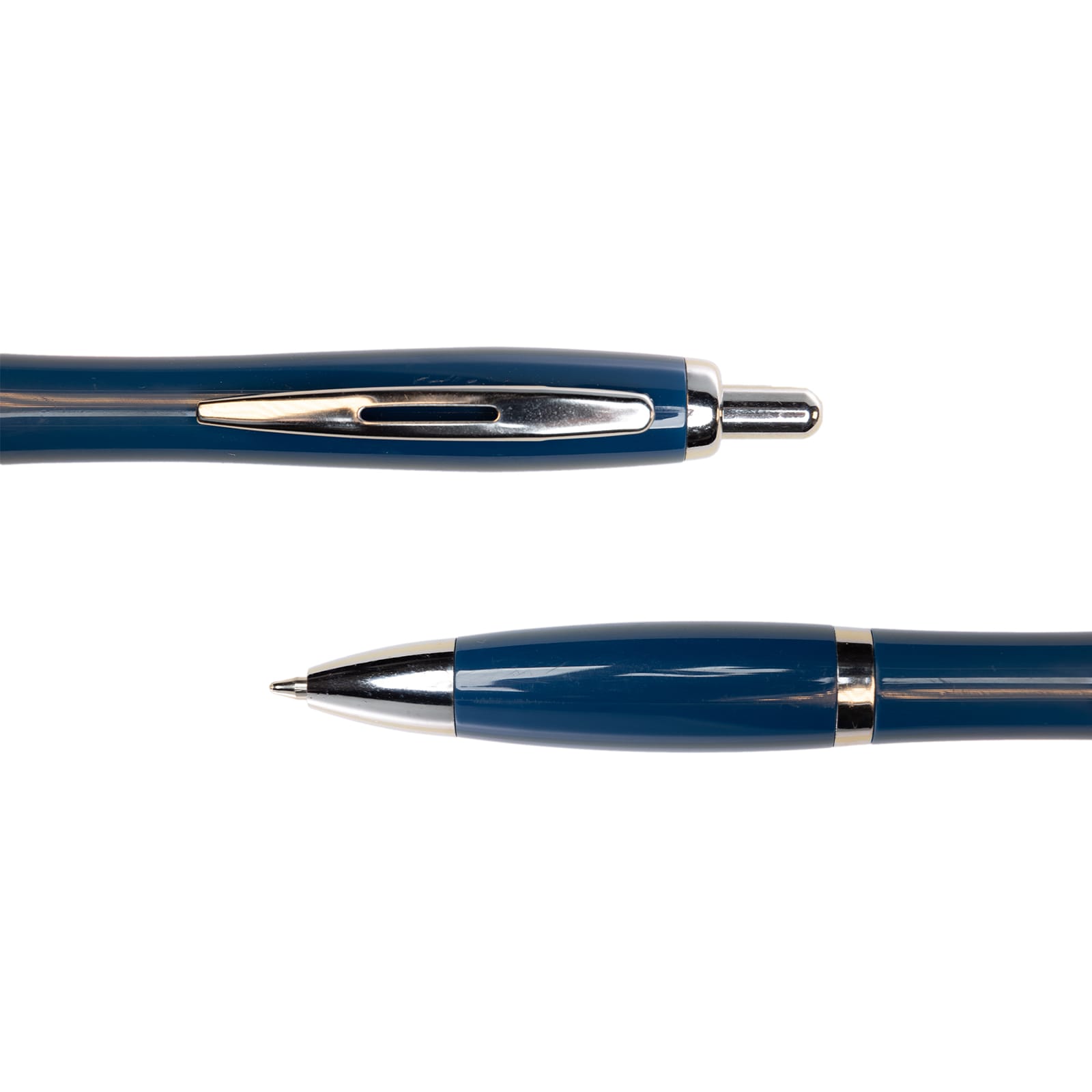 A blue metal pen with a sleek design and silver accents, featuring a clip and a retractable tip.