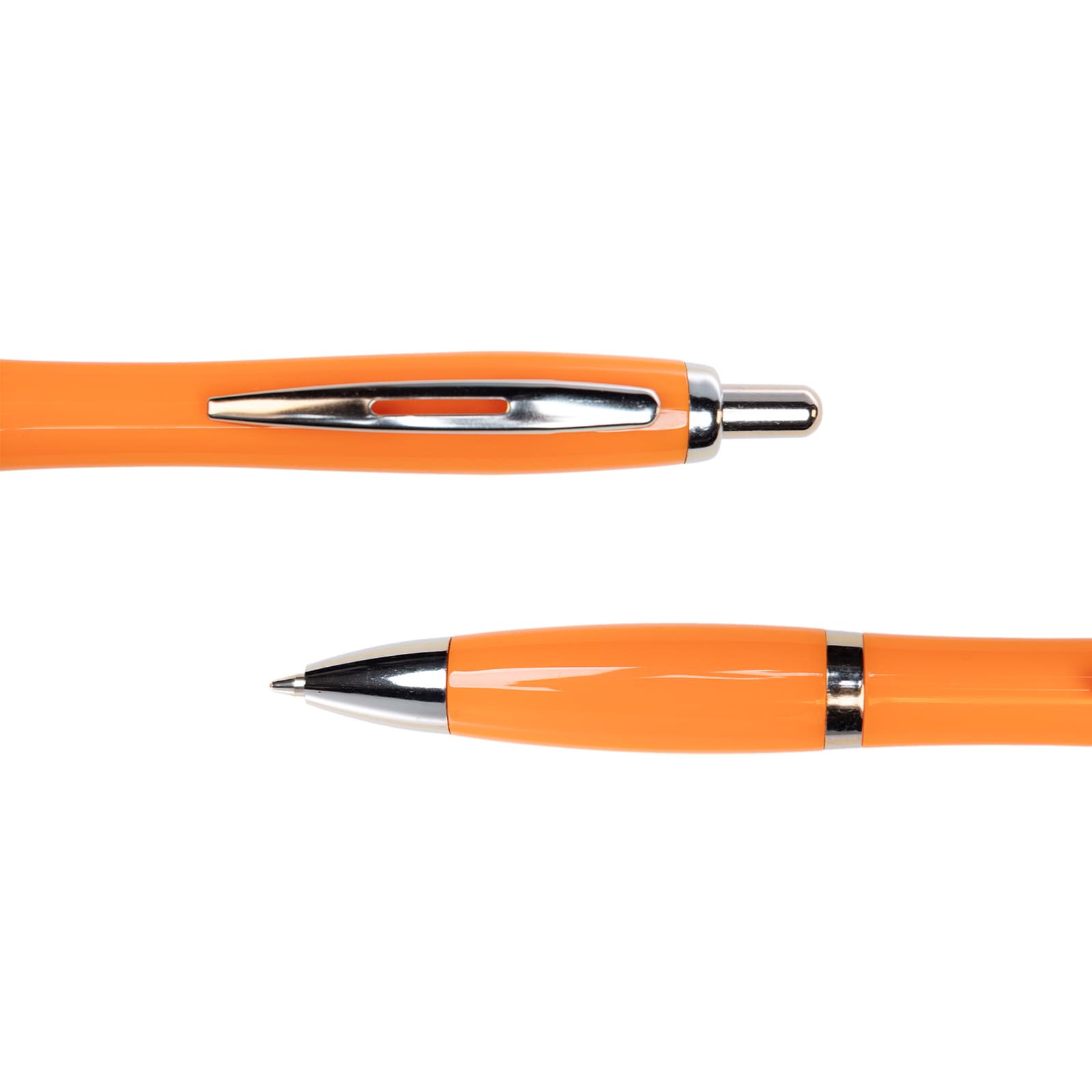 An orange metal pen with a chrome clip and tip, displayed from two angles. Features a branding logo.