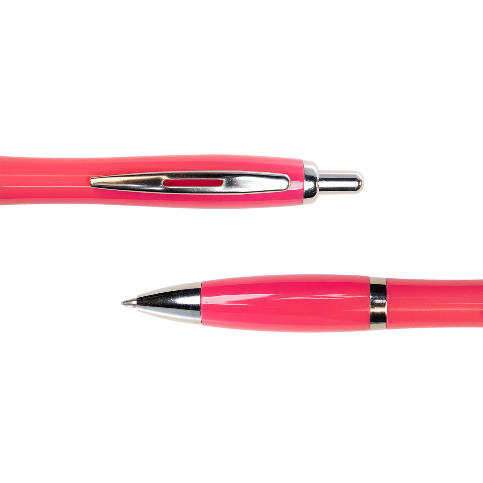 A pink metal pen with a silver clip and tip, showcasing its sleek design from different angles.