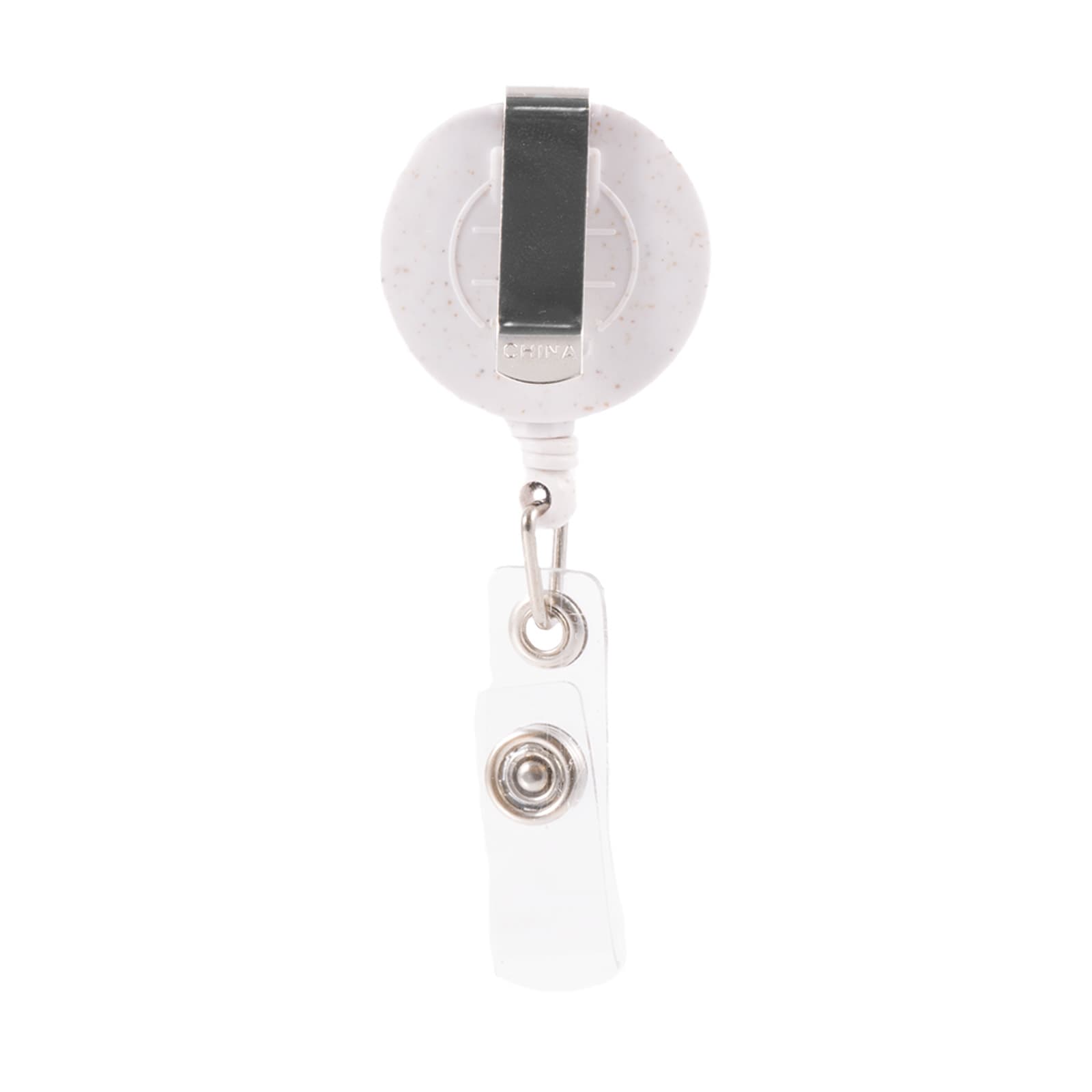 A retractable badge holder made from wheat straw, featuring a clip for attachment and a clear strap for securing badges.