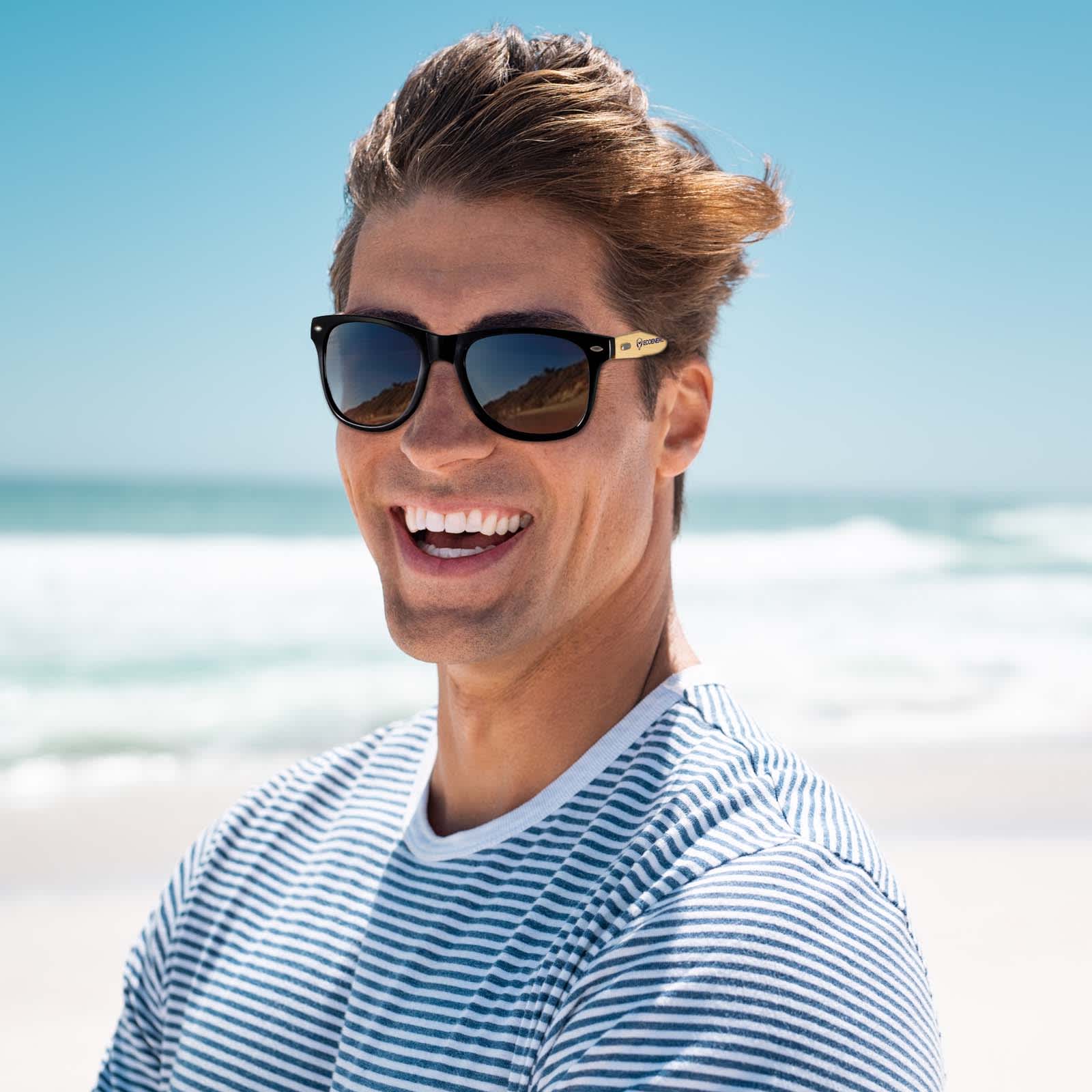 Bamboo sunglasses featuring a stylish black frame and tinted lenses.
