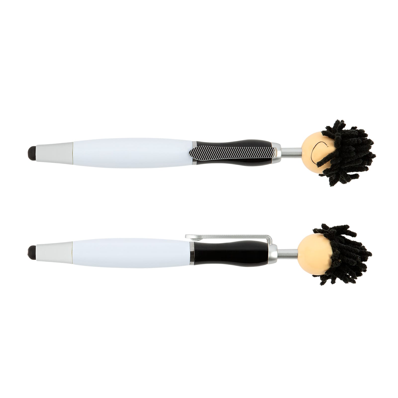 A set of two stylus pens with playful mop-top designs; one in white and the other in black. Each has a unique character head.