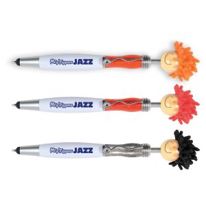 A stylus pen with a red fuzzy top and a smiling face, featuring a clip and a logo.