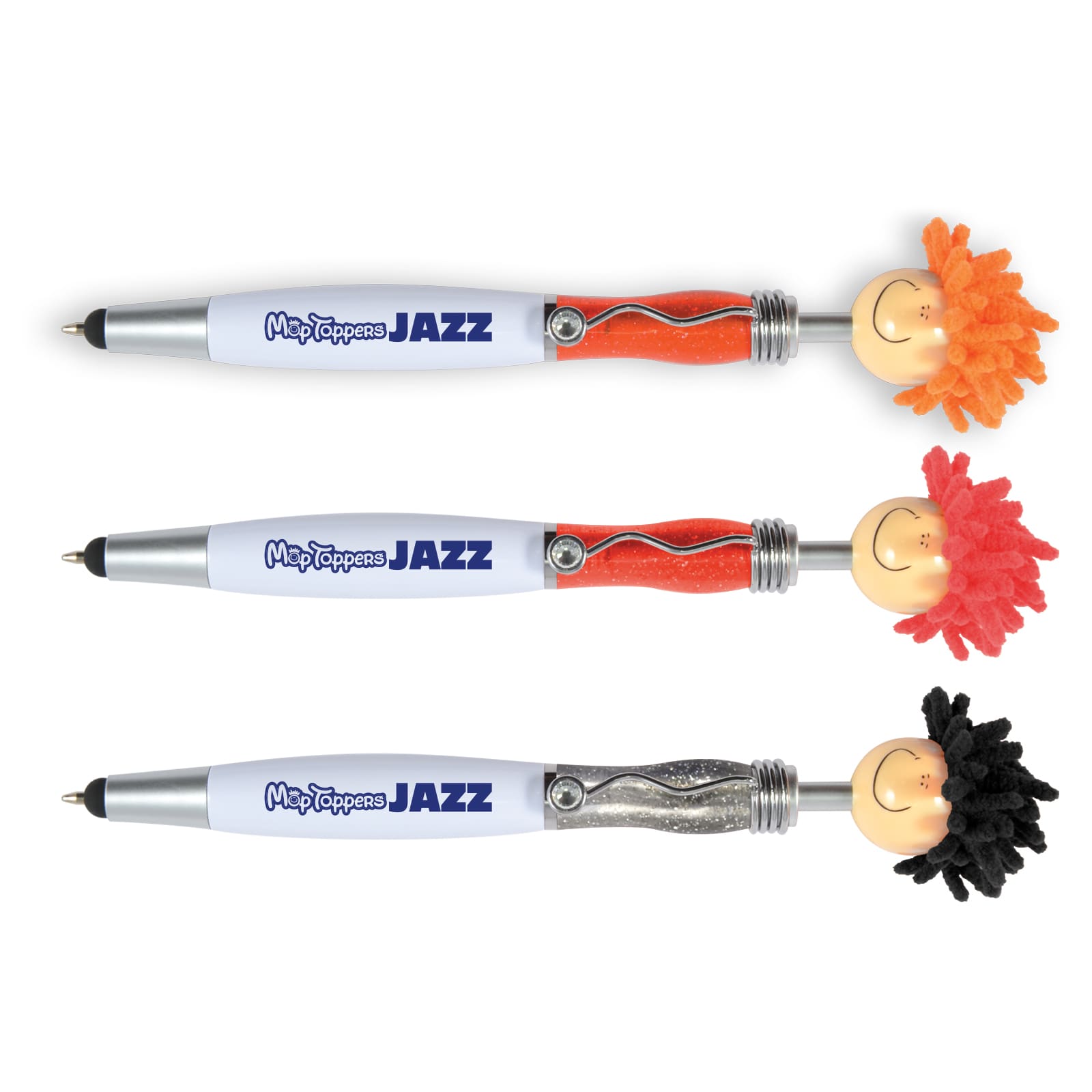 A stylus pen with a red fuzzy top and a smiling face, featuring a clip and a logo.