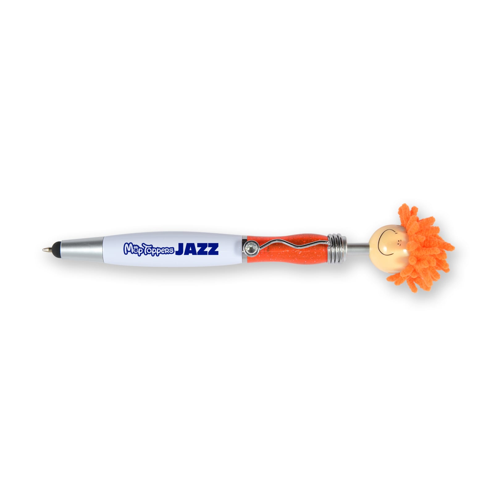 A red and white Mop Top Jazz pen/stylus featuring a fluffy top with a smiley face and a logo.