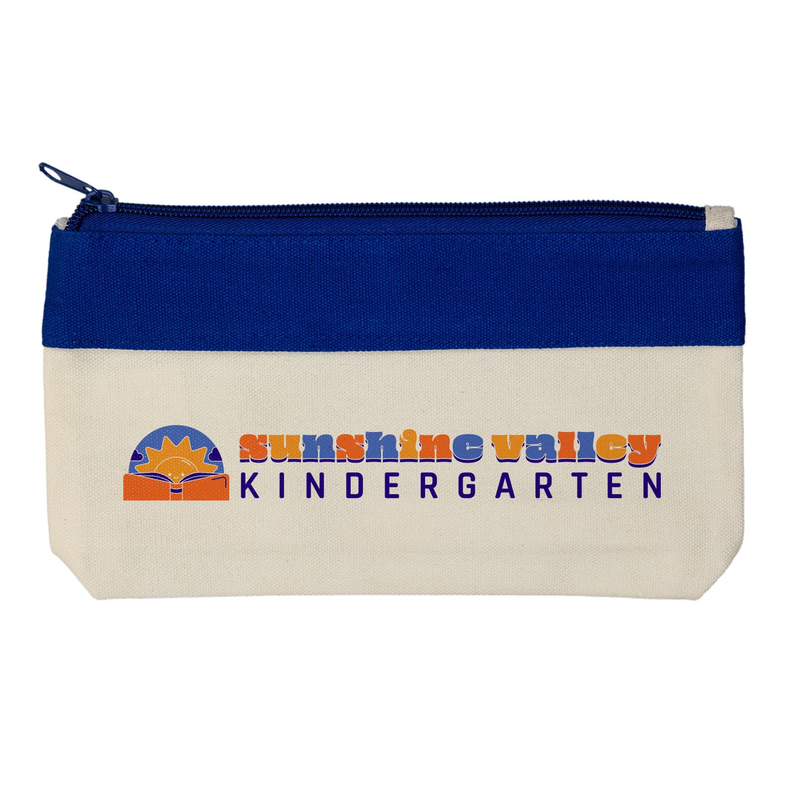 A pencil case featuring a beige canvas base with a blue zipper and a colorful 
