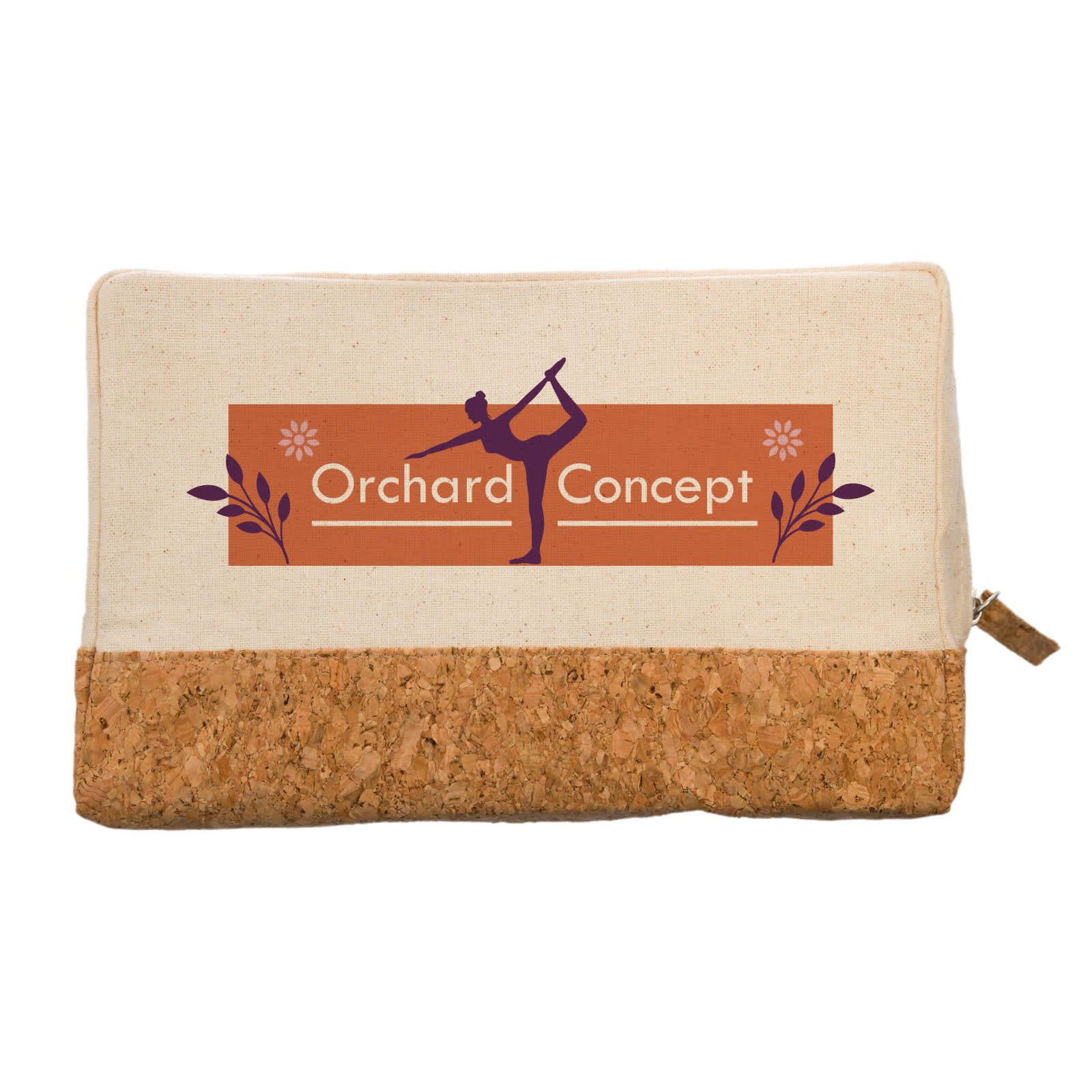 A cream utility case with a cork base and a logo featuring a dancer and floral designs.