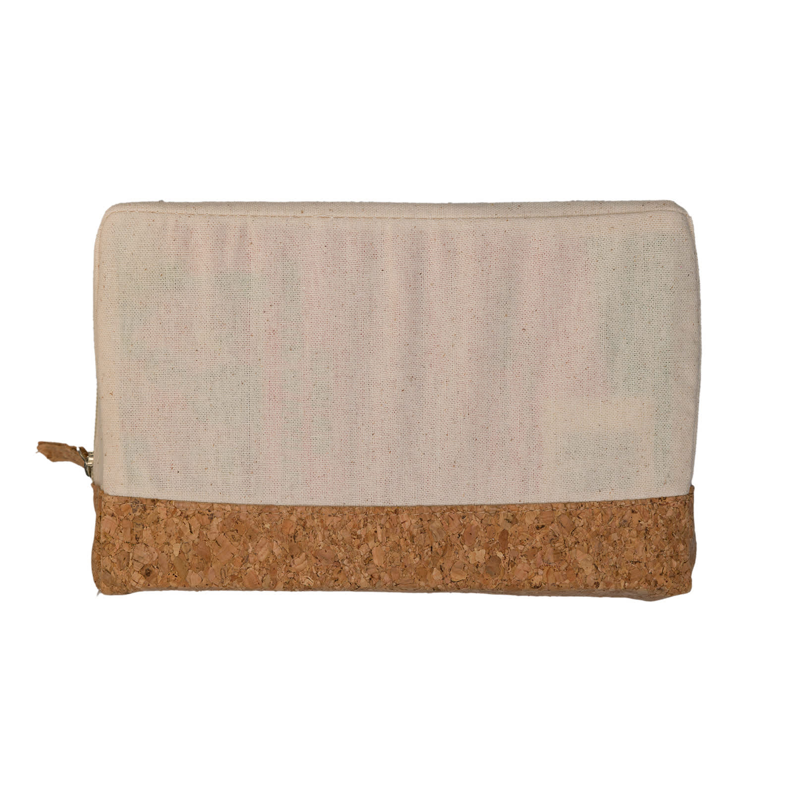 A cork utility case with a textured fabric upper and a cork bottom.
