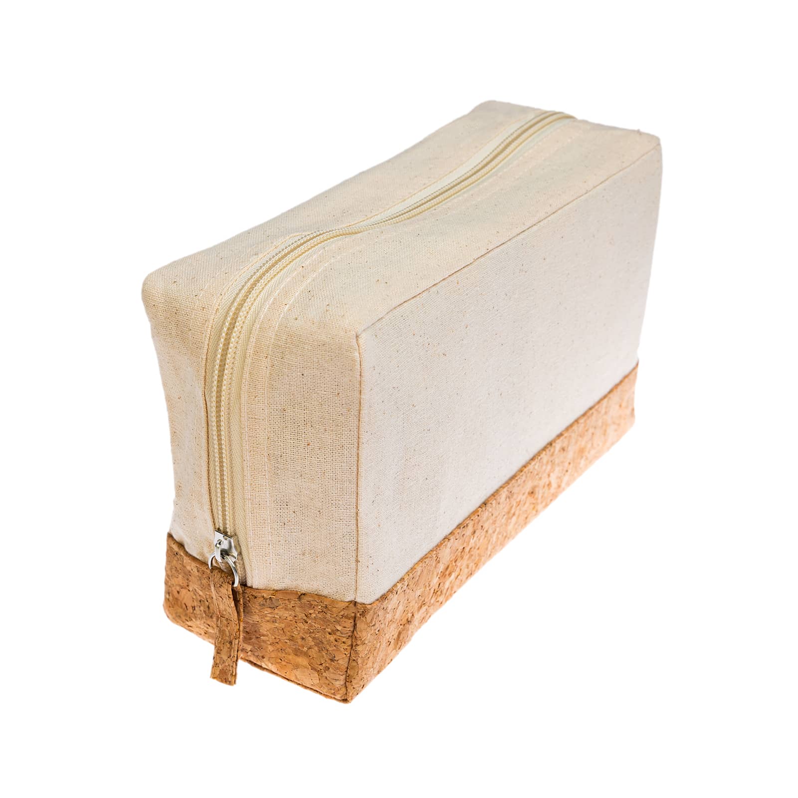A cork utility case featuring a zippered closure and a canvas top with a natural cork base.
