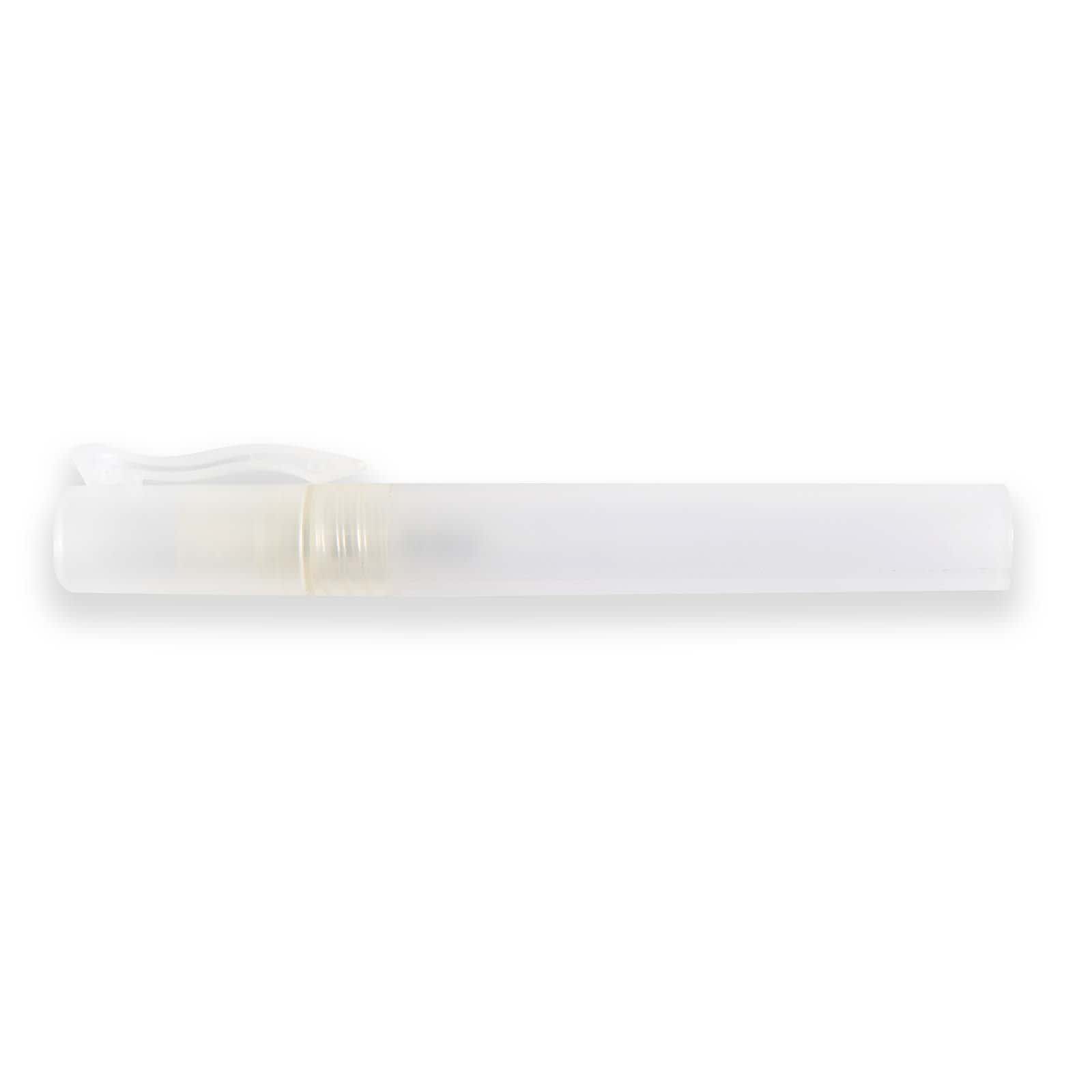 A transparent liquid hand sanitiser stick with a clear cap and a nozzle for dispensing.