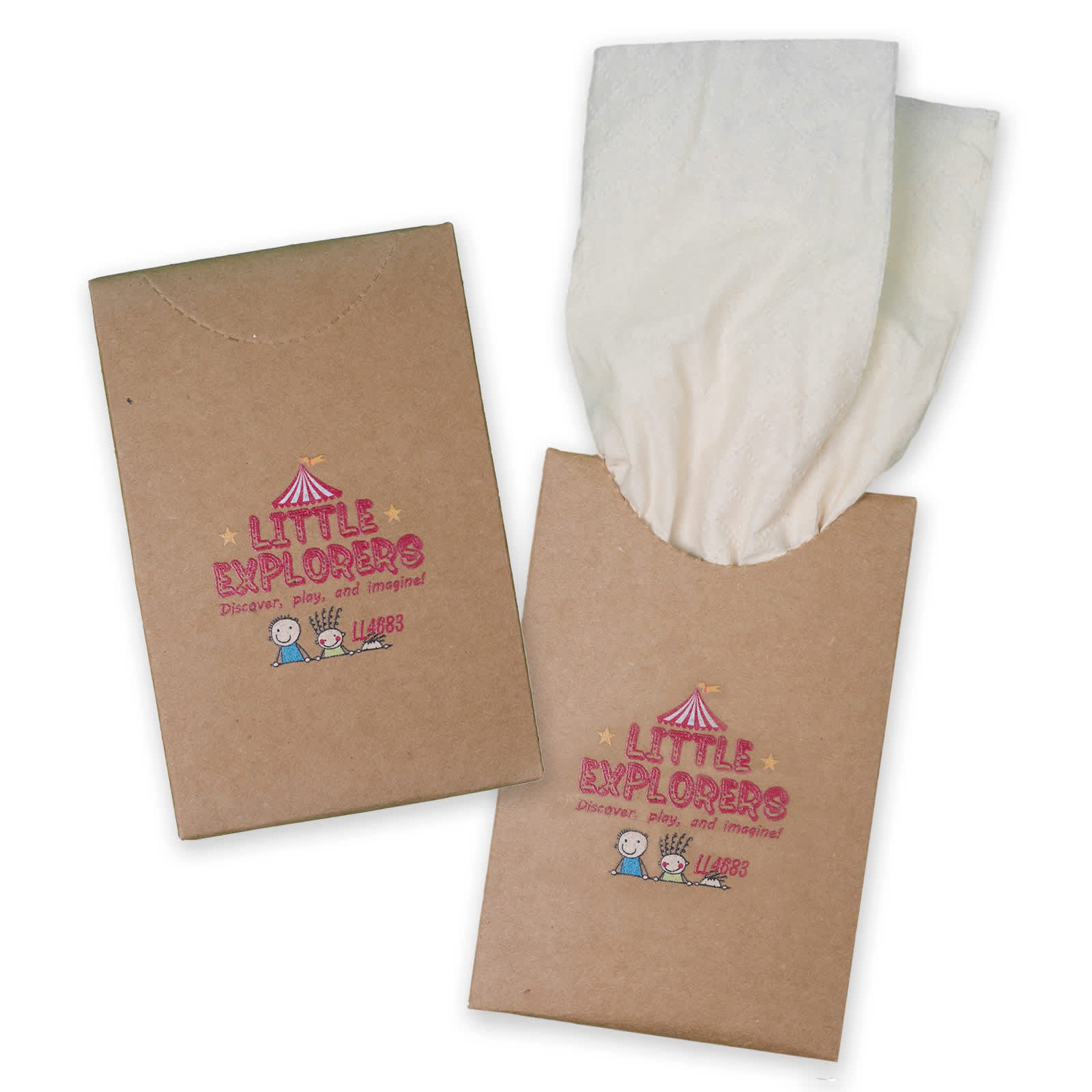 A pack of bamboo tissues in a brown cardboard holder, with white tissues peeking out. The packaging features colorful graphics.