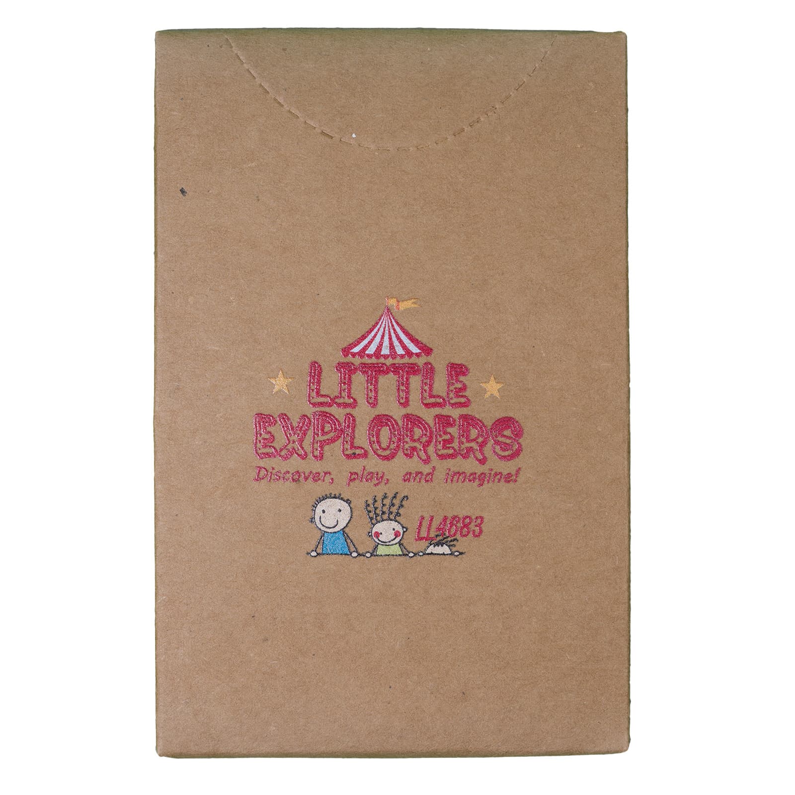 A brown cardboard box featuring a colorful design with a character and a small tent, labeled 
