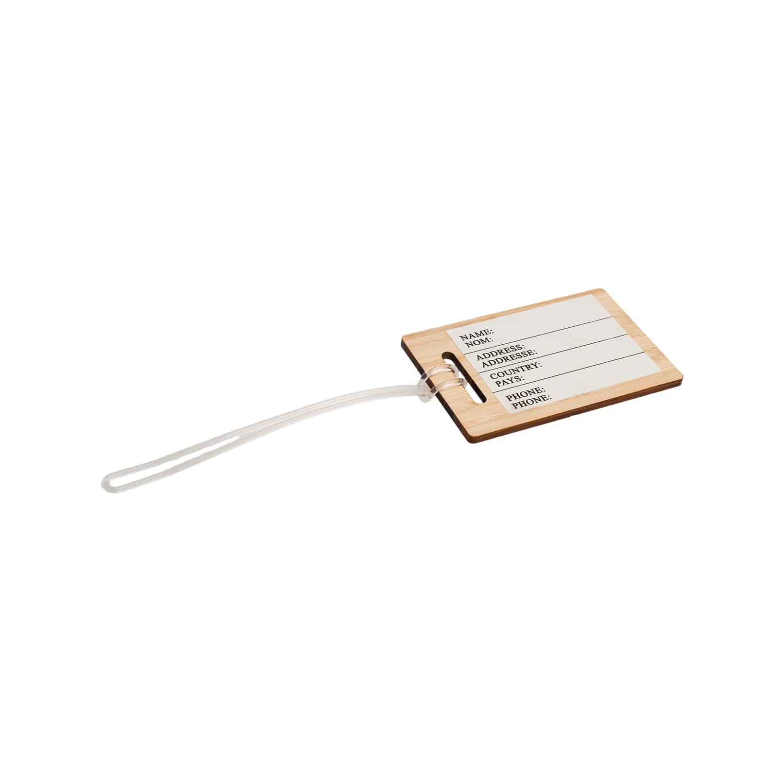 A bamboo luggage tag with space for name, address, email, and phone number, attached with a clear strap.