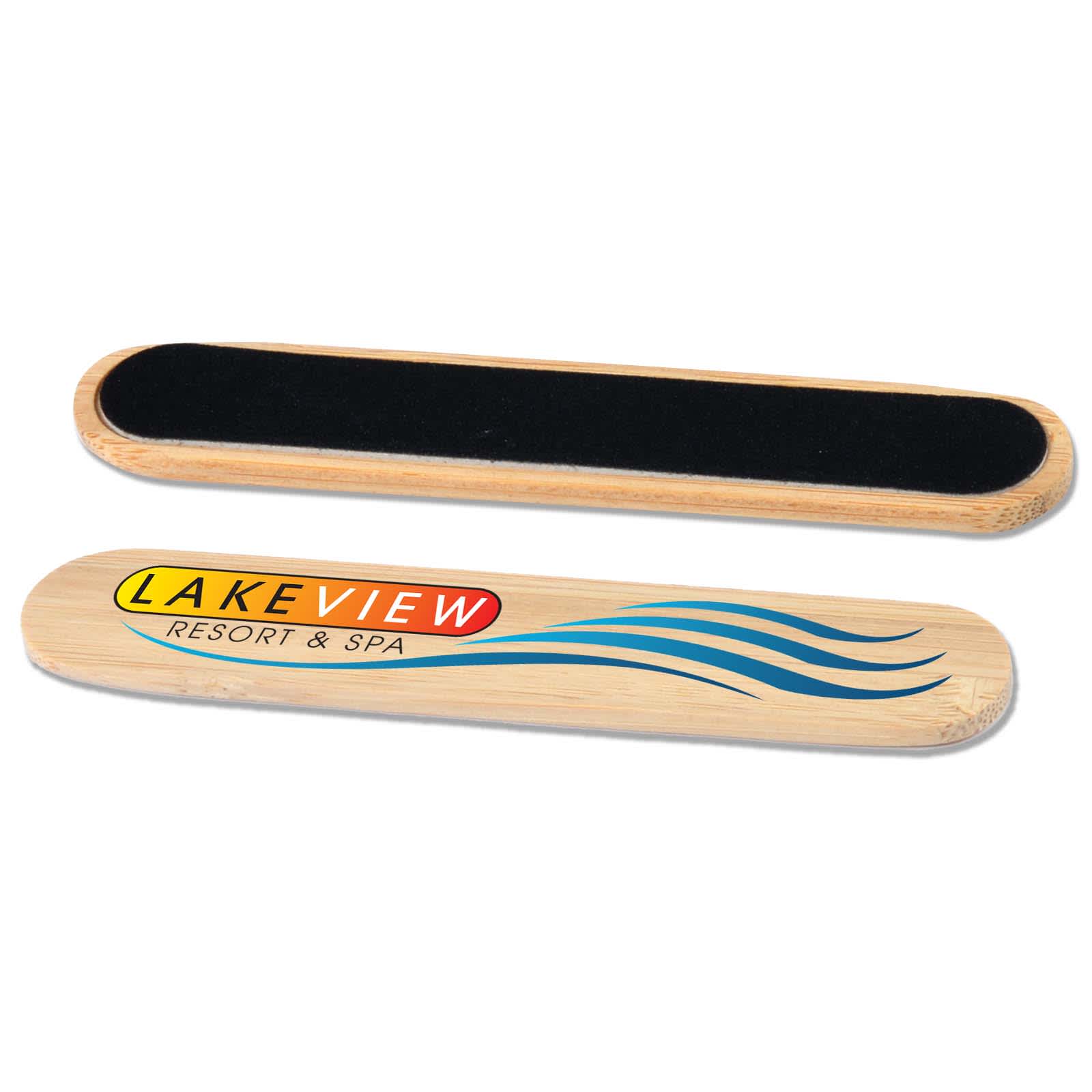 A bamboo nail file with a black filing surface, featuring a logo and design for 