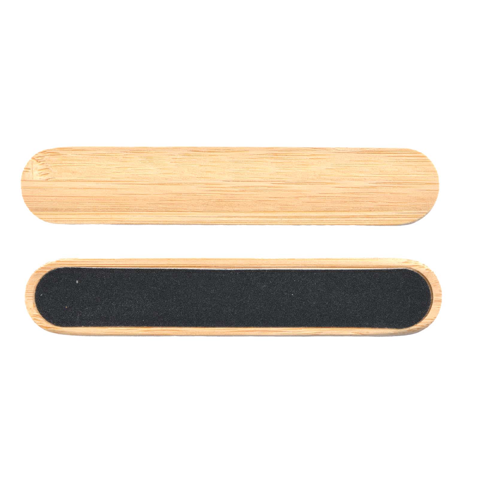 A bamboo nail file featuring a smooth wooden surface on one side and a gritty filing surface on the other.