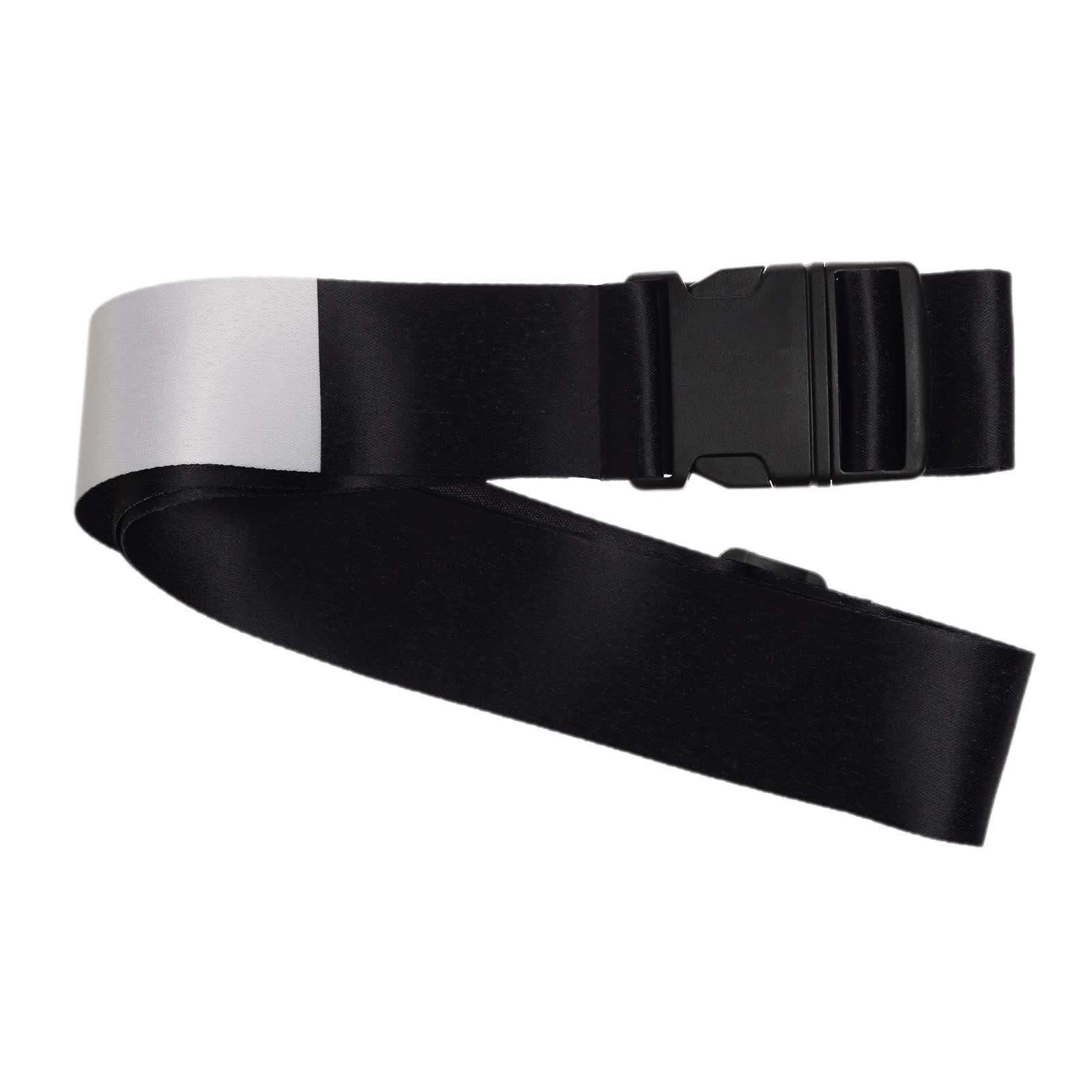 A luggage strap featuring a sleek black design with a silver accent and a secure buckle closure.