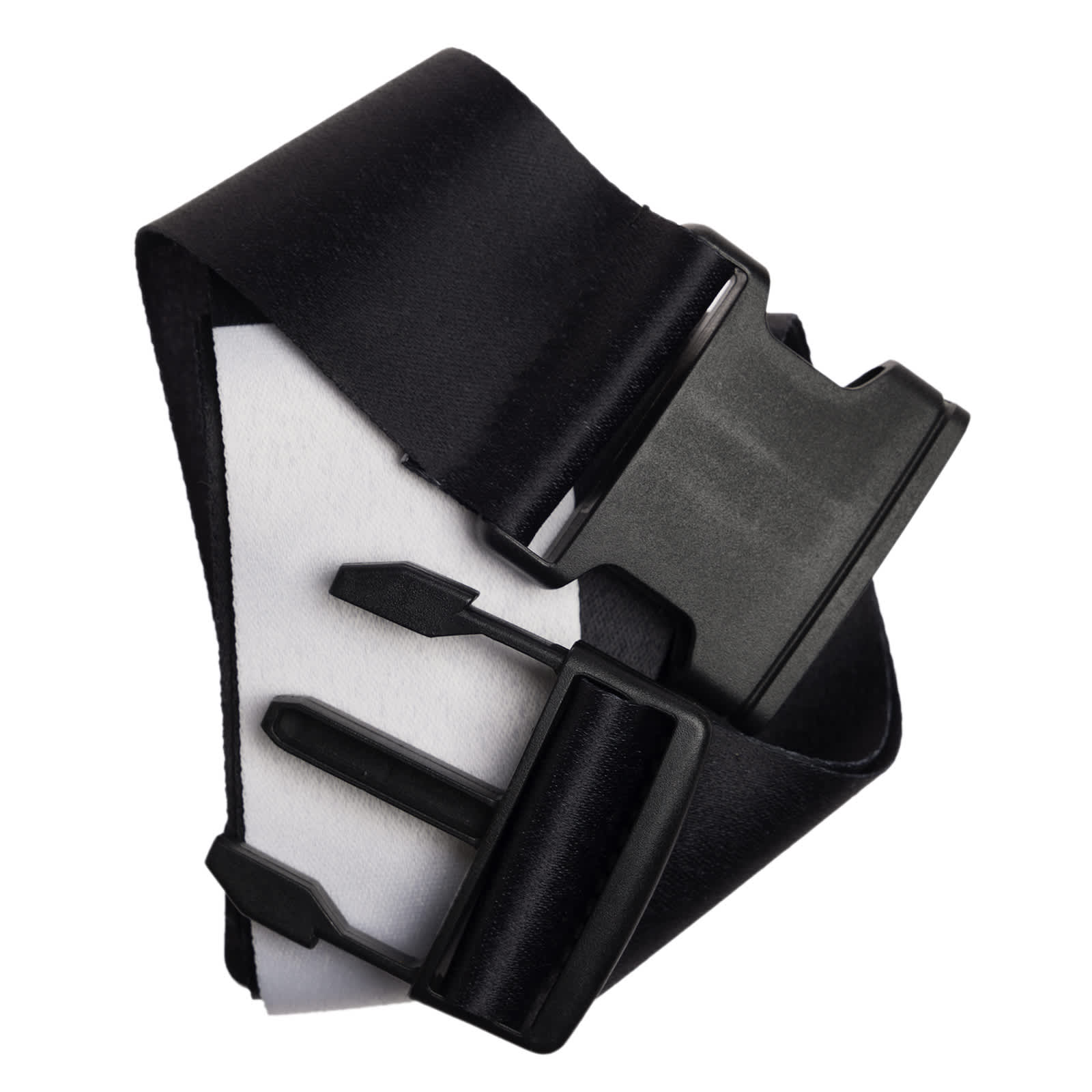 A black luggage strap featuring a durable buckle and adjustable components.