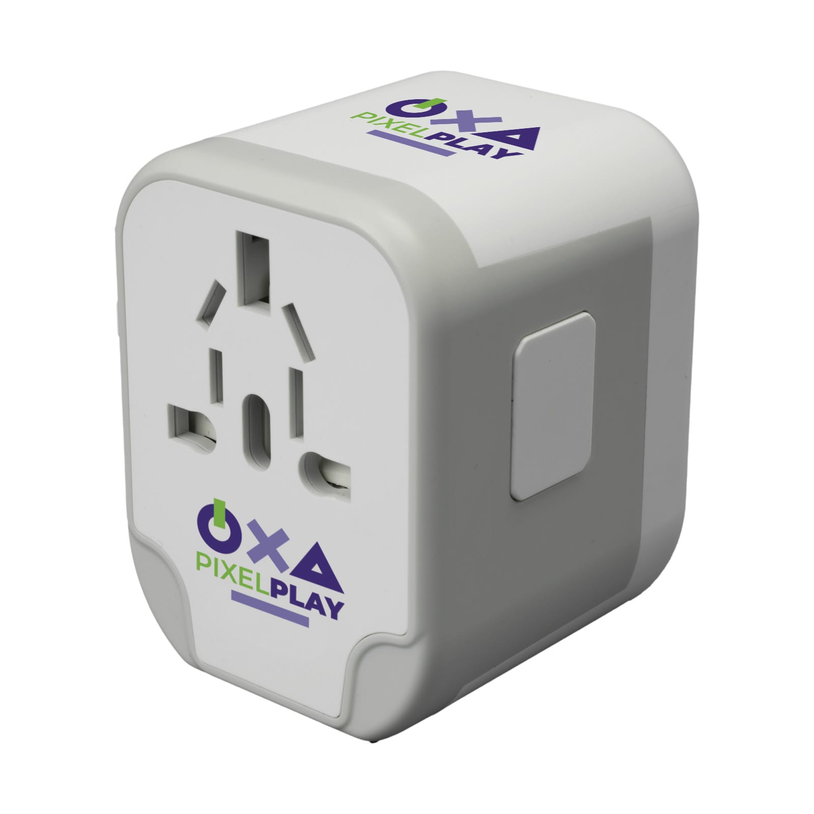 A travel adaptor with multiple plug configurations and branding that reads 