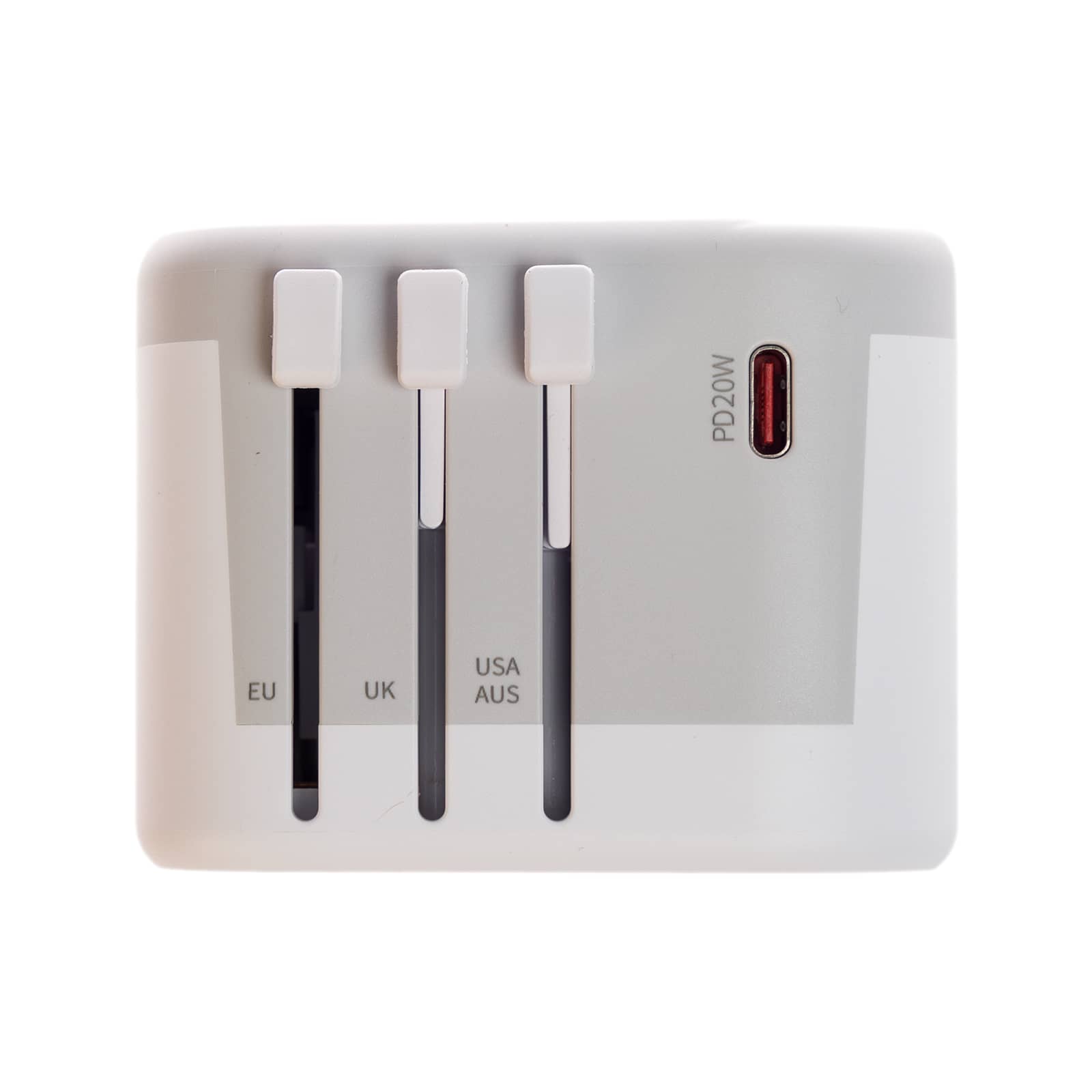 A travel adaptor featuring interchangeable plugs for EU, UK, and USA/AUS, along with a USB-C port labeled PD20W.
