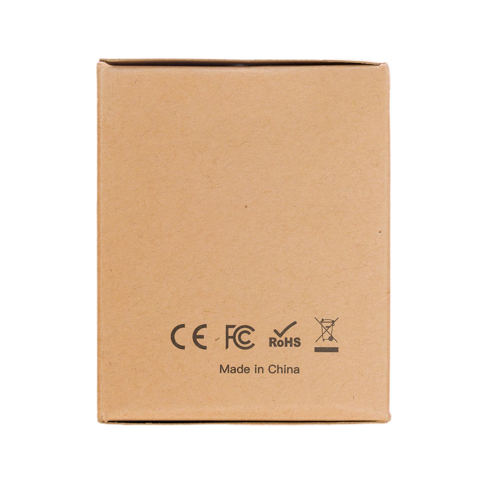 A travel adaptor packaged in a plain cardboard box, featuring certification marks and the text 