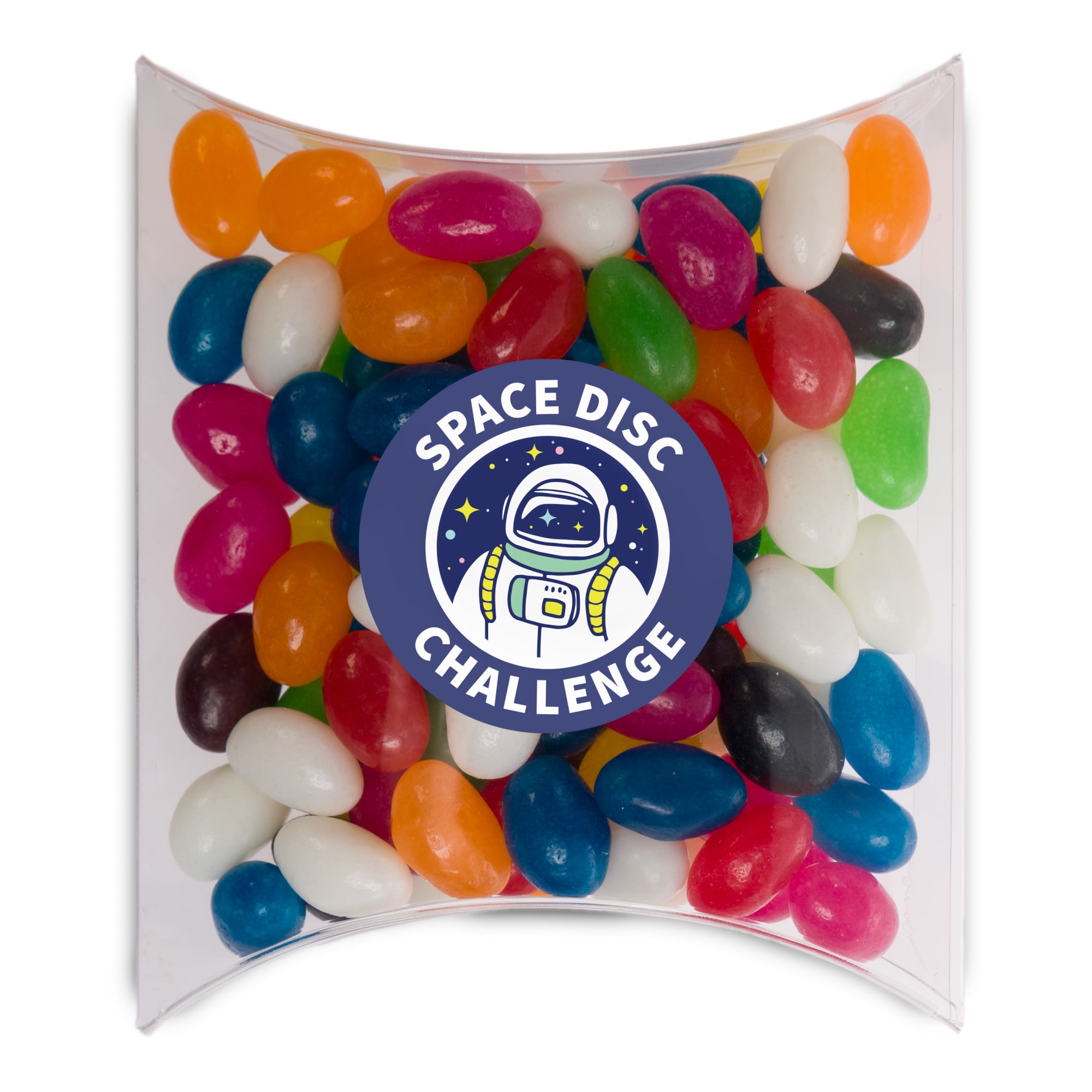 Assorted color mini jelly beans in a clear pillow pack, featuring a circular logo.