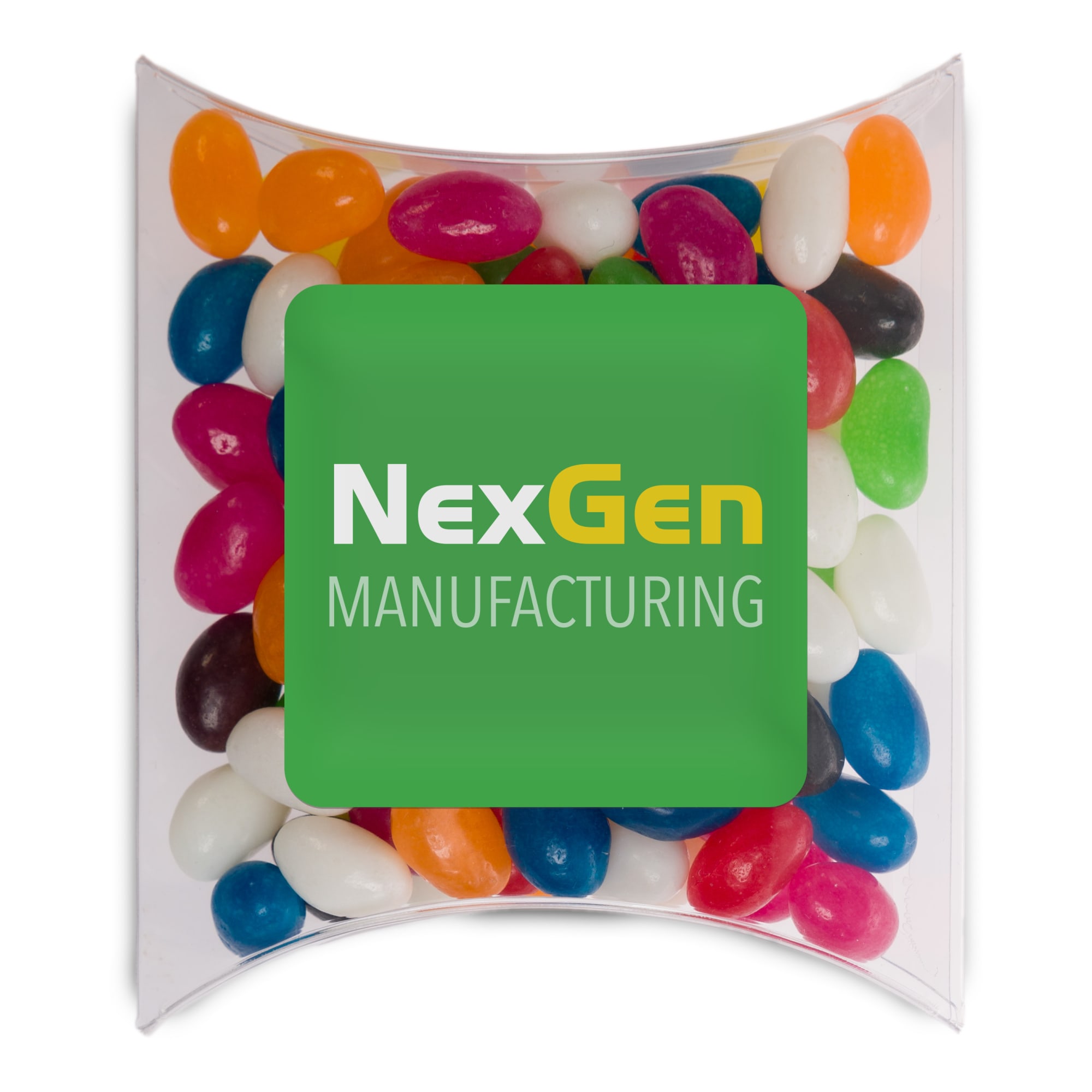 Assorted mini jelly beans in various colors, packaged in a clear pillow pack with a logo.