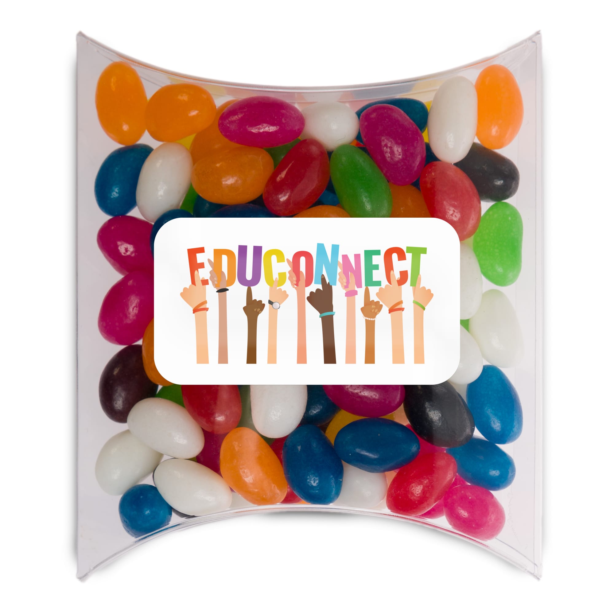 Assorted jelly beans in various colors, packaged in a clear pillow pack with a logo.