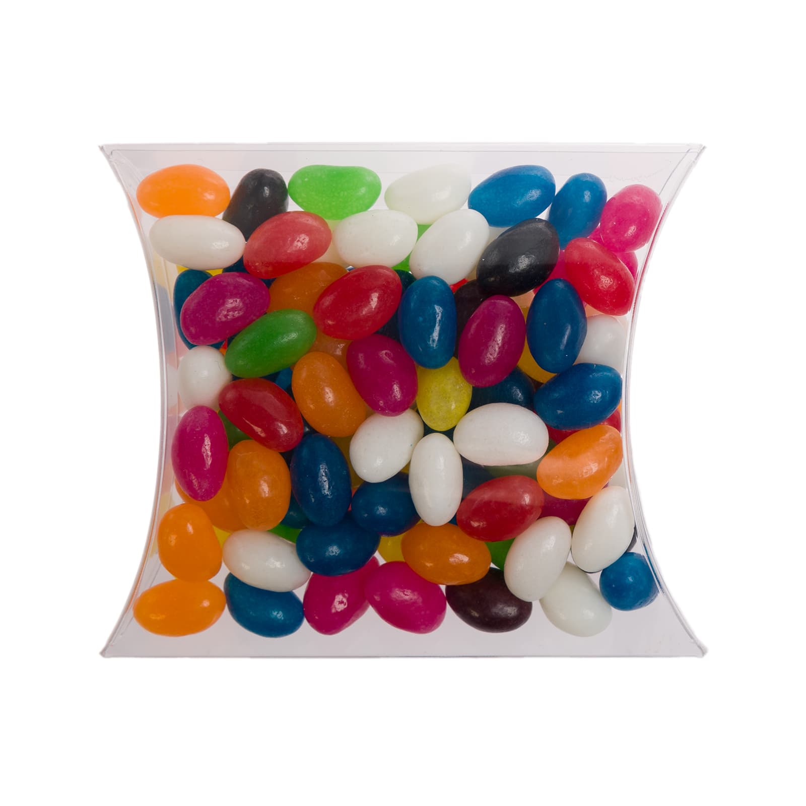 A pillow pack containing assorted colour mini jelly beans in various vibrant shades.