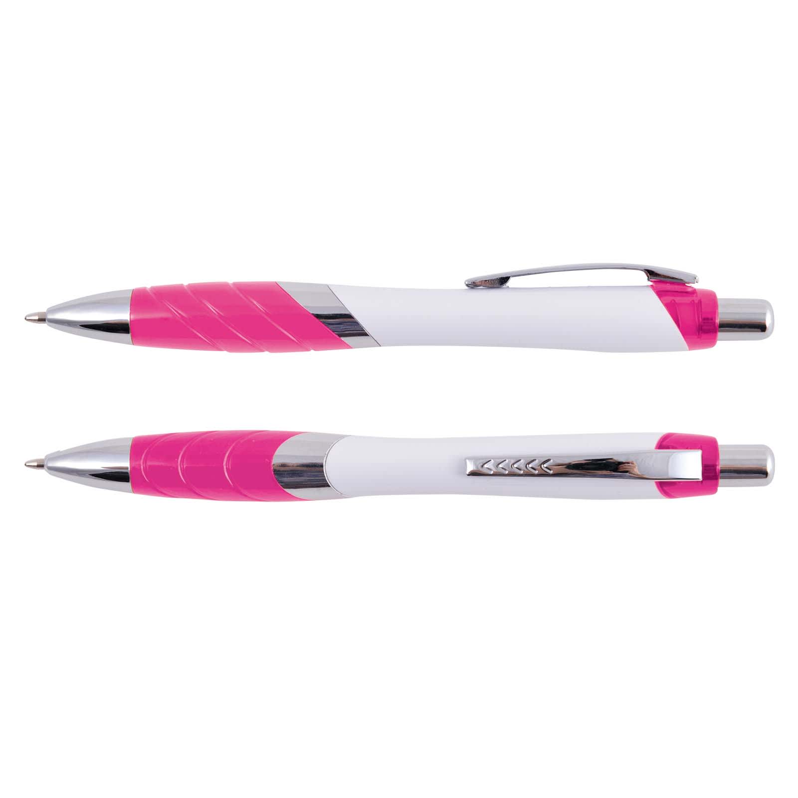 A plastic pen featuring a sleek white body with pink accents and a chrome clip, designed for writing.
