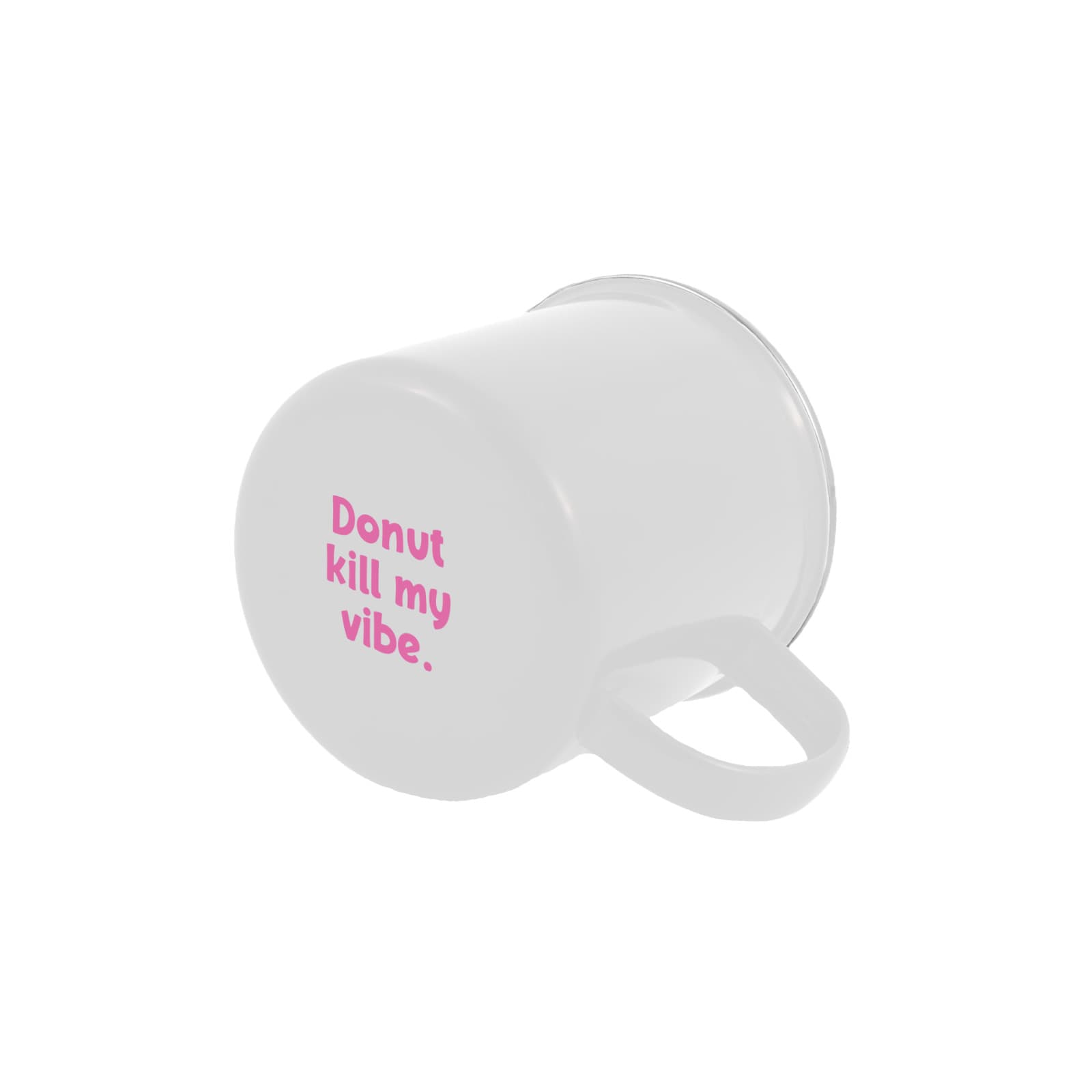 An enamel mug featuring the text 