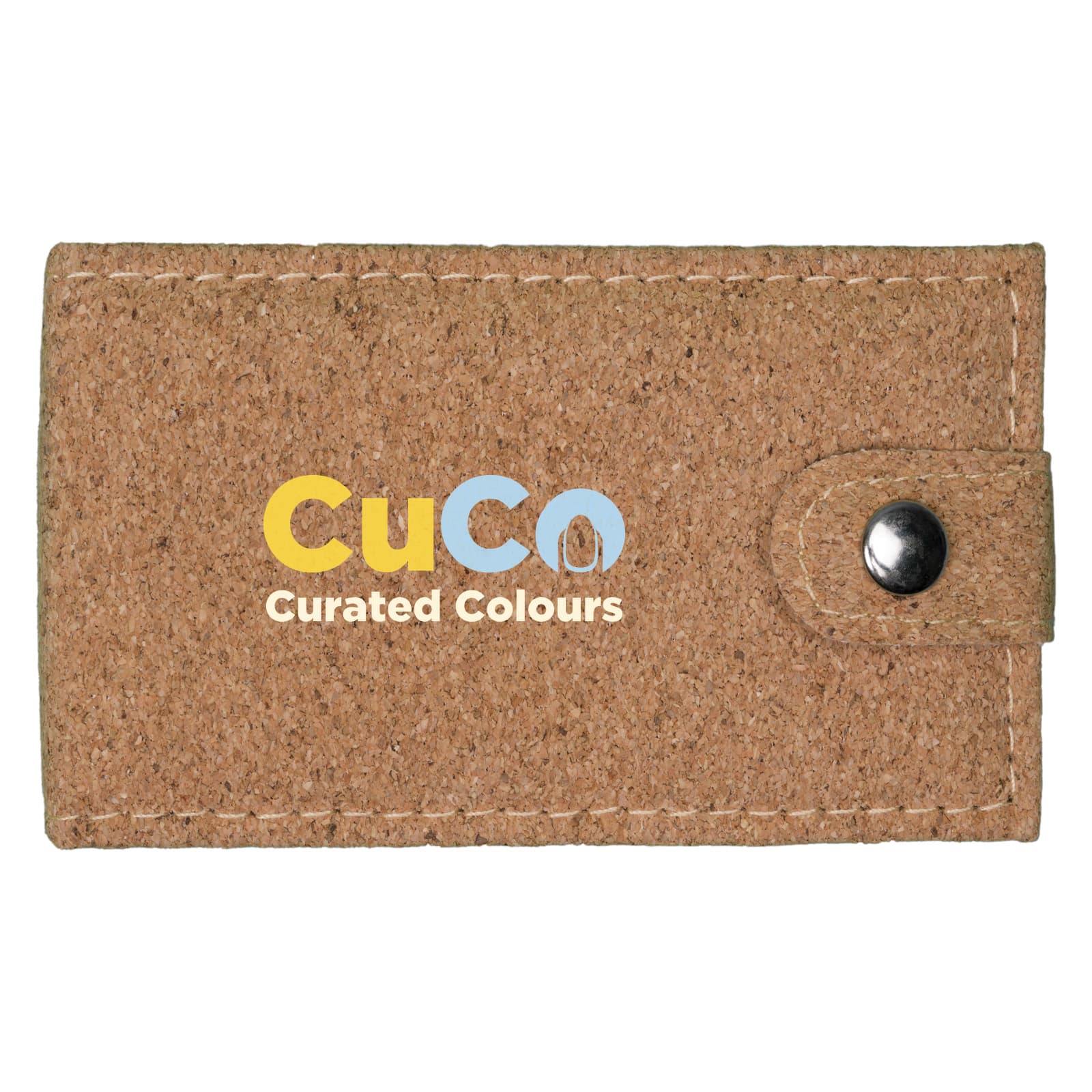 A cork manicure set featuring a brown exterior with a snap closure, displaying the logo 
