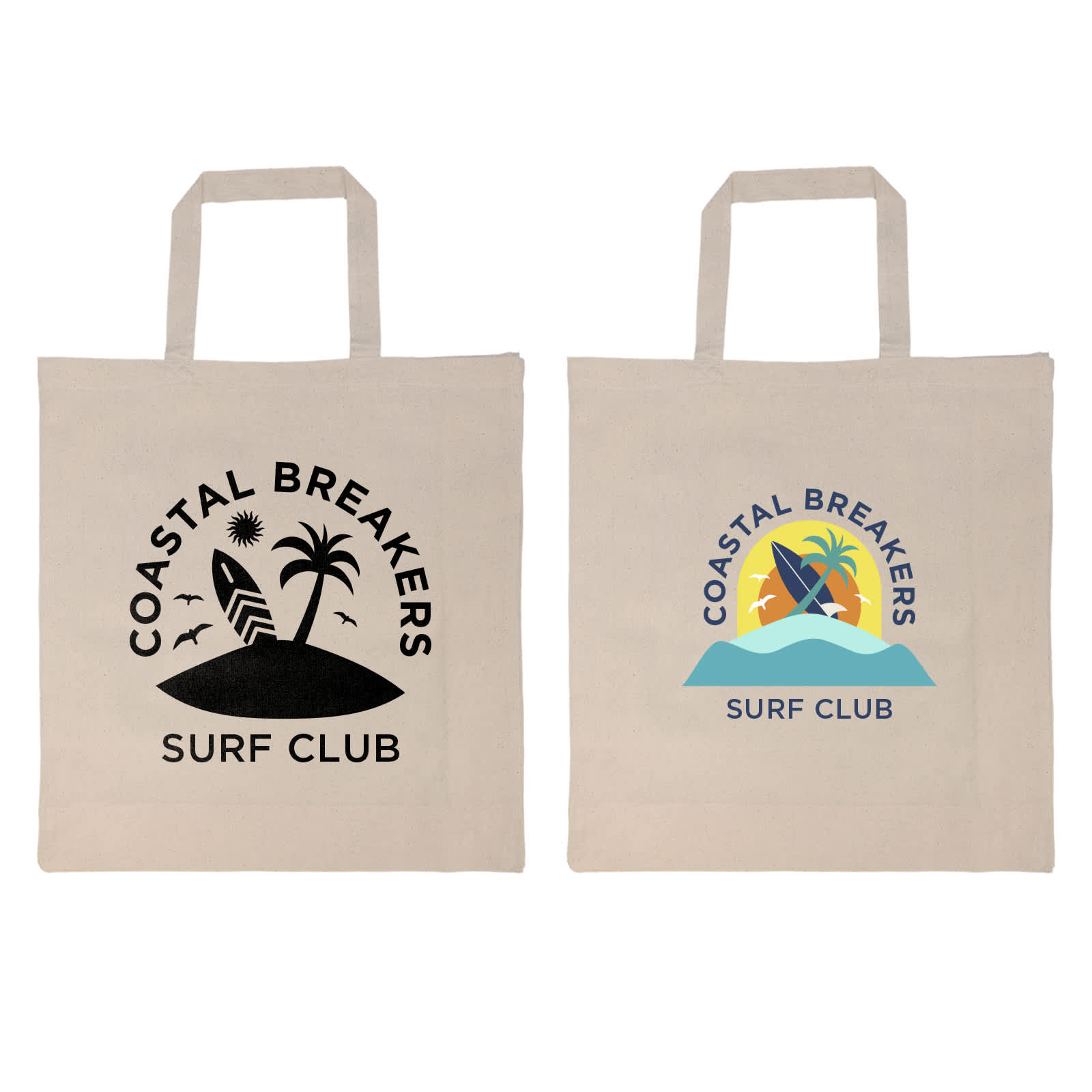 A tote bag in a natural cream colour with short handles, being held by a person wearing blue denim jeans.