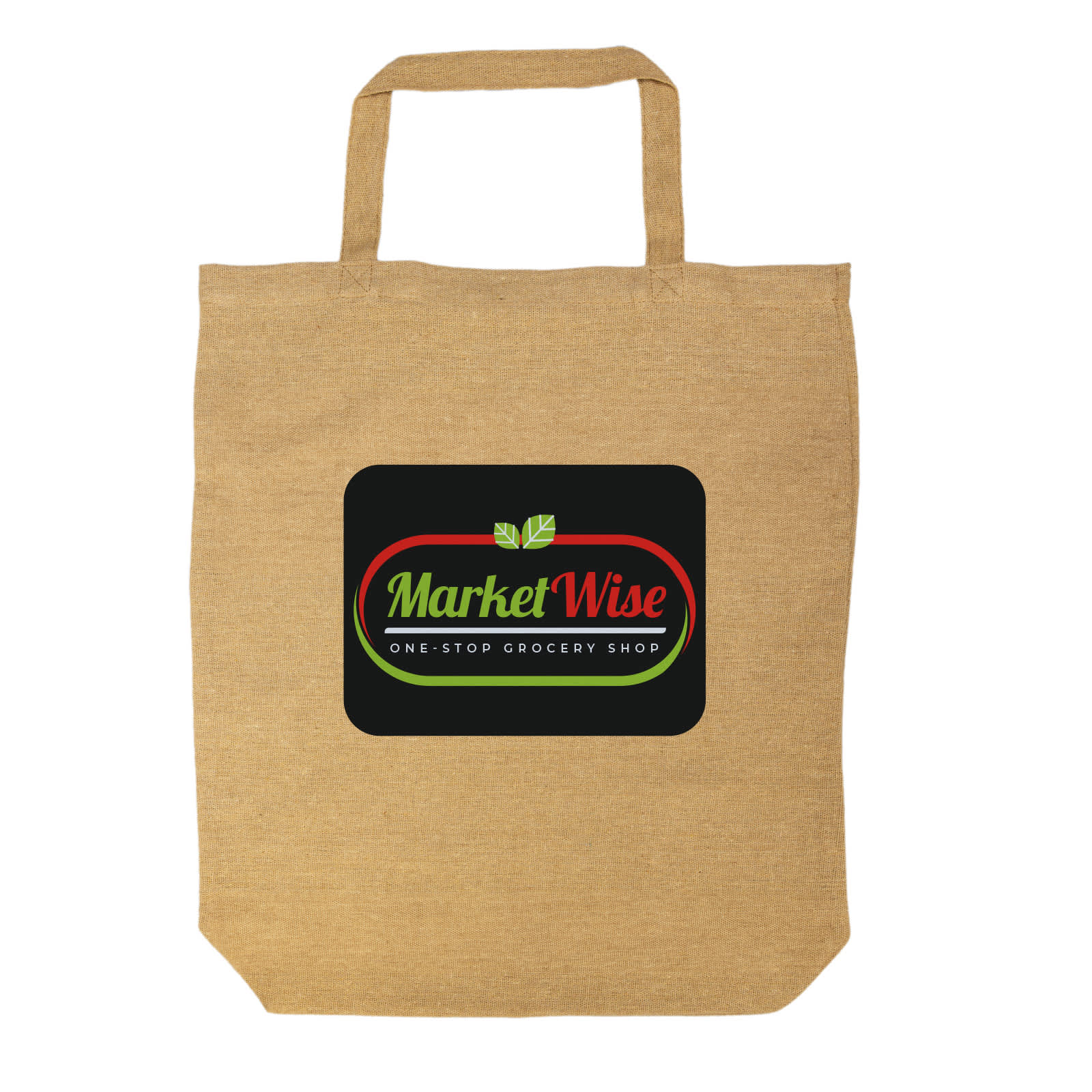 A short handle bag in a natural fiber texture featuring a colorful logo for 
